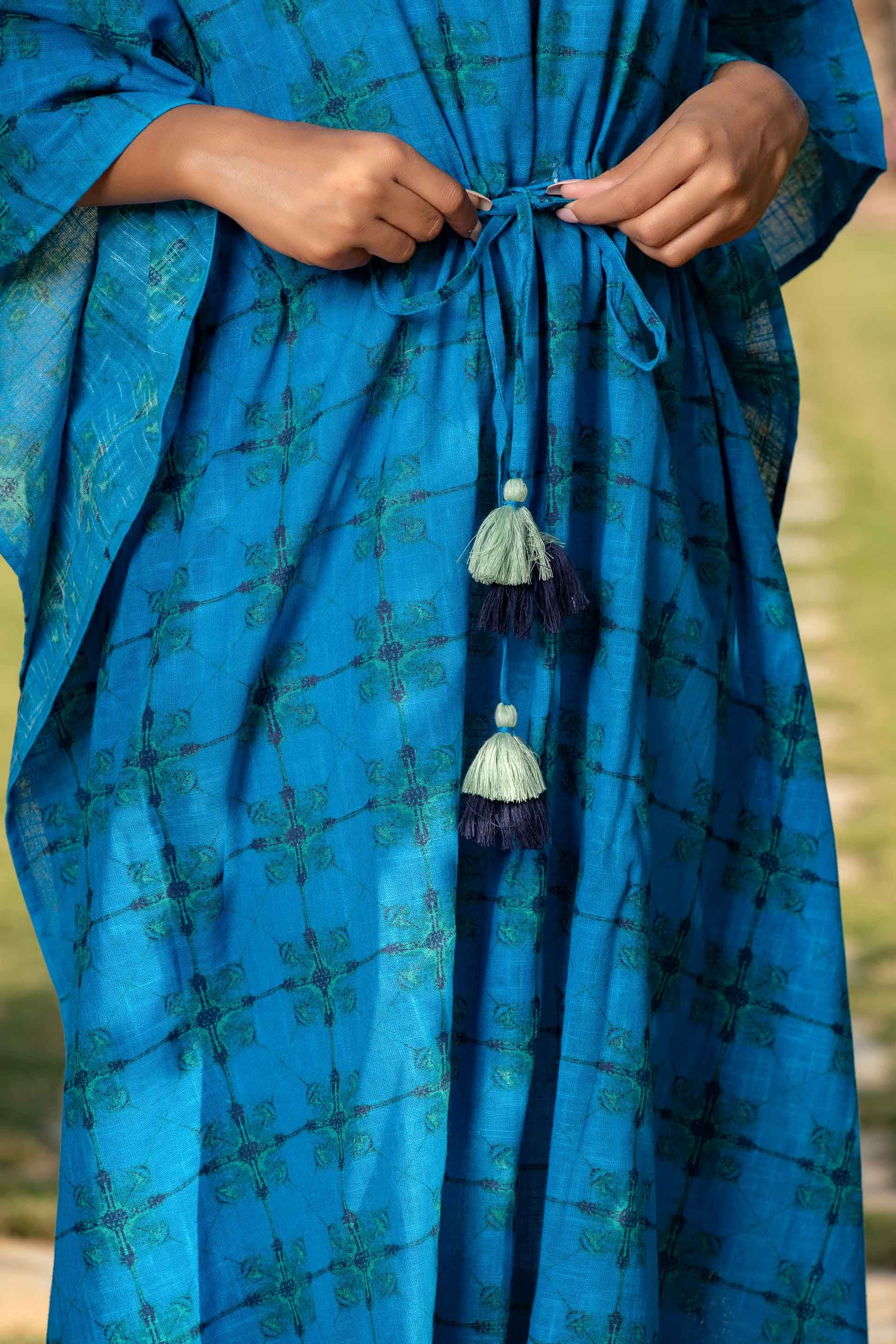 Blue Printed Slub Cotton Kaftan