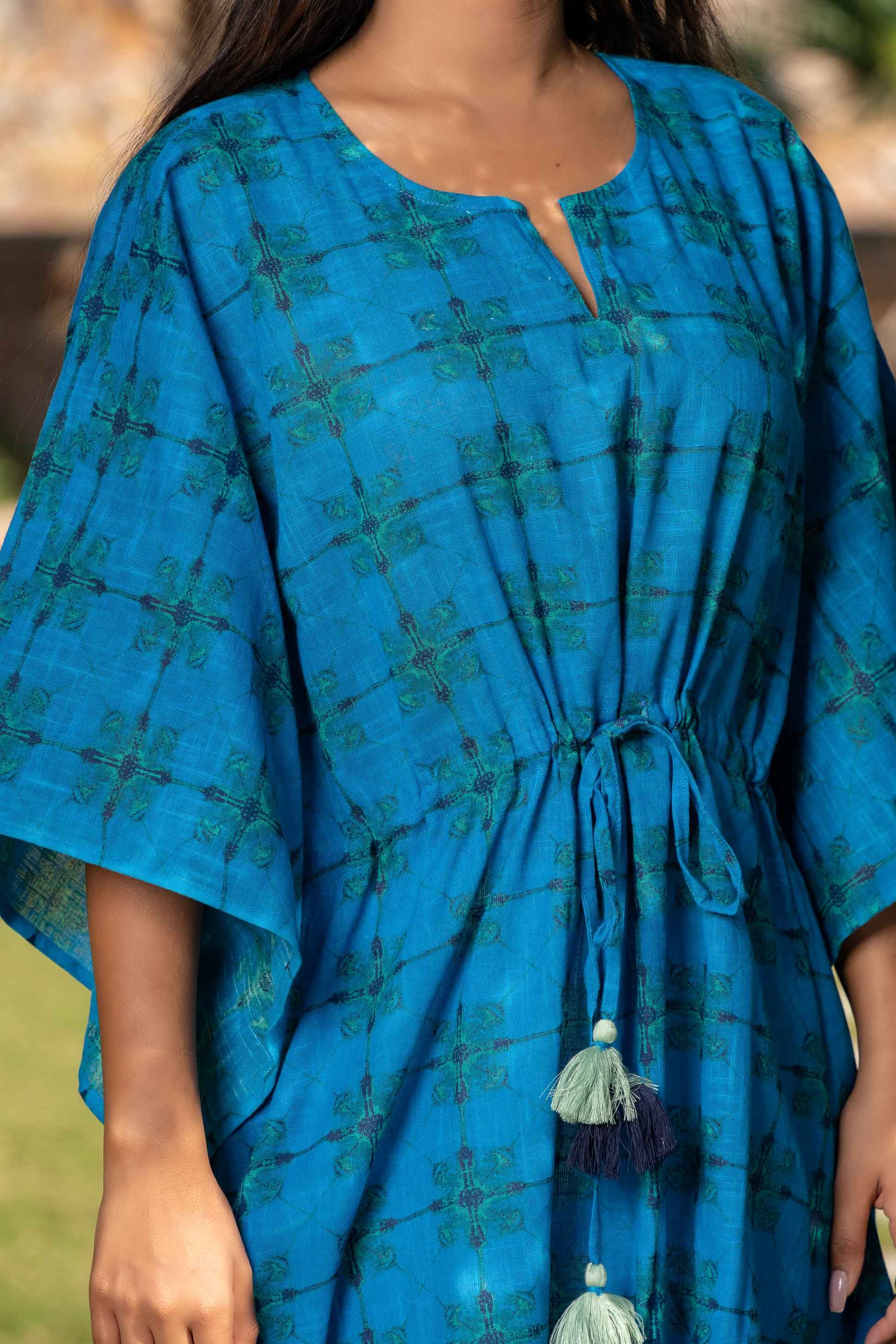 Blue Printed Slub Cotton Kaftan