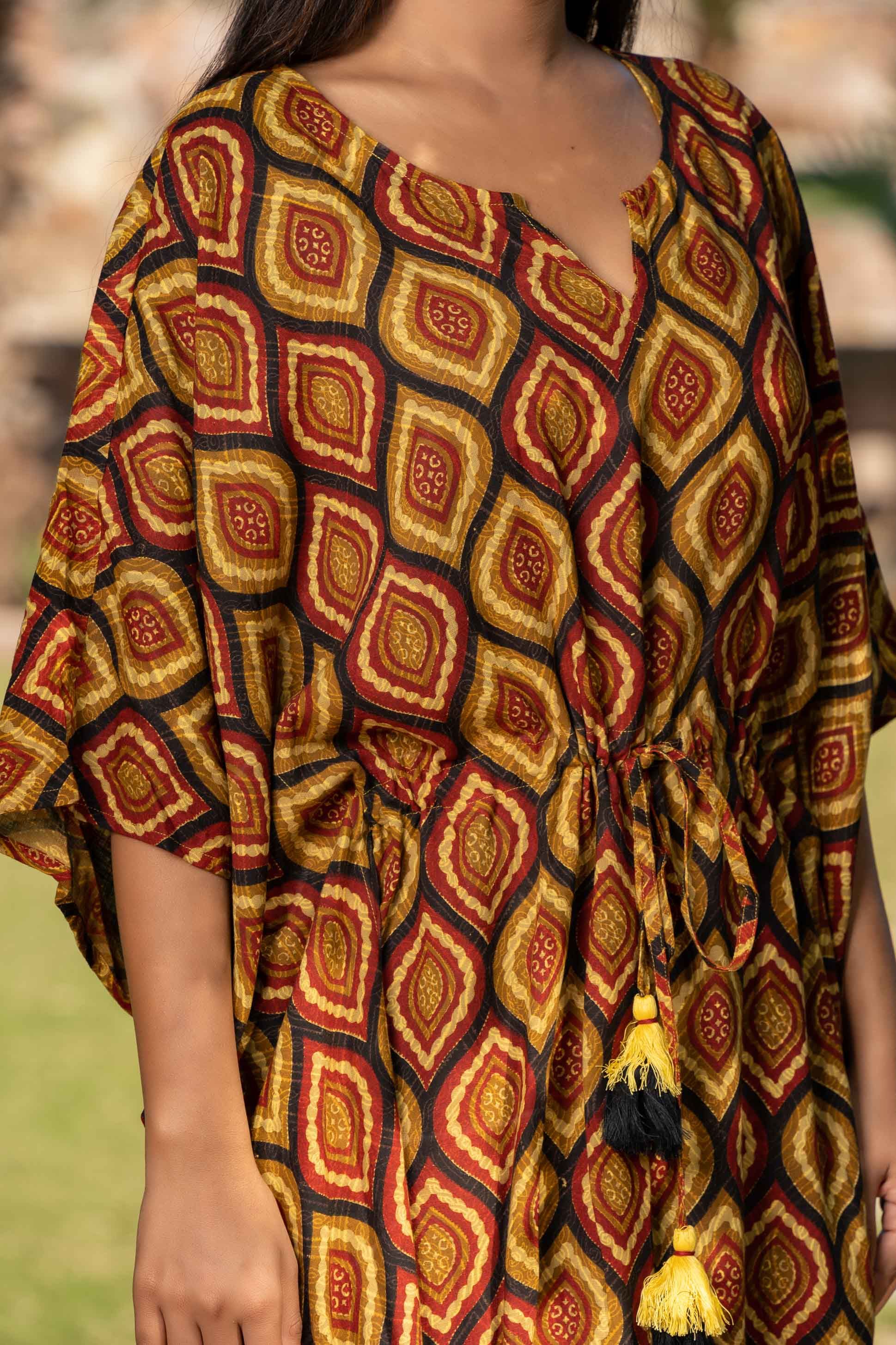 Mustard Printed Rayon Kaftan