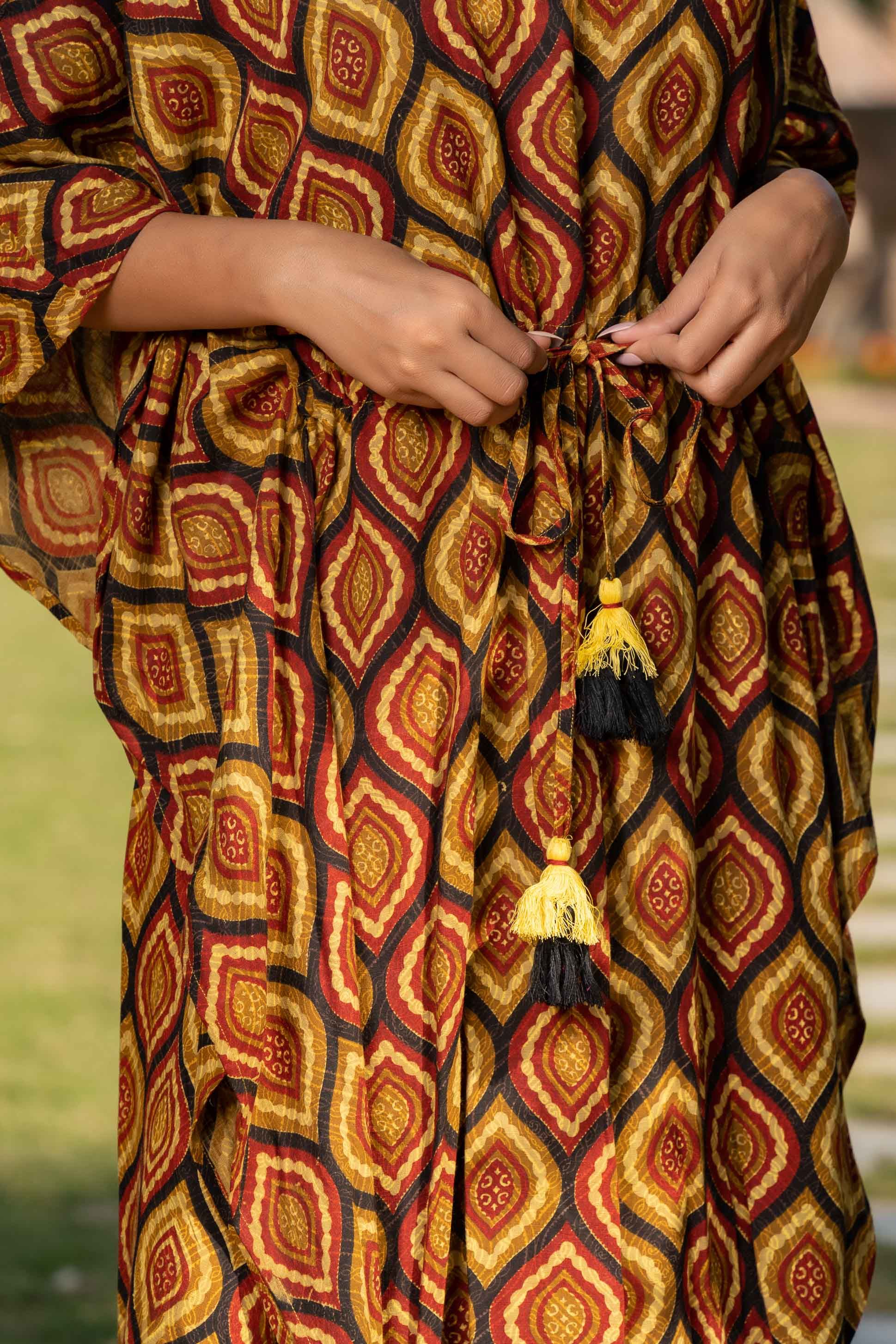 Mustard Printed Rayon Kaftan