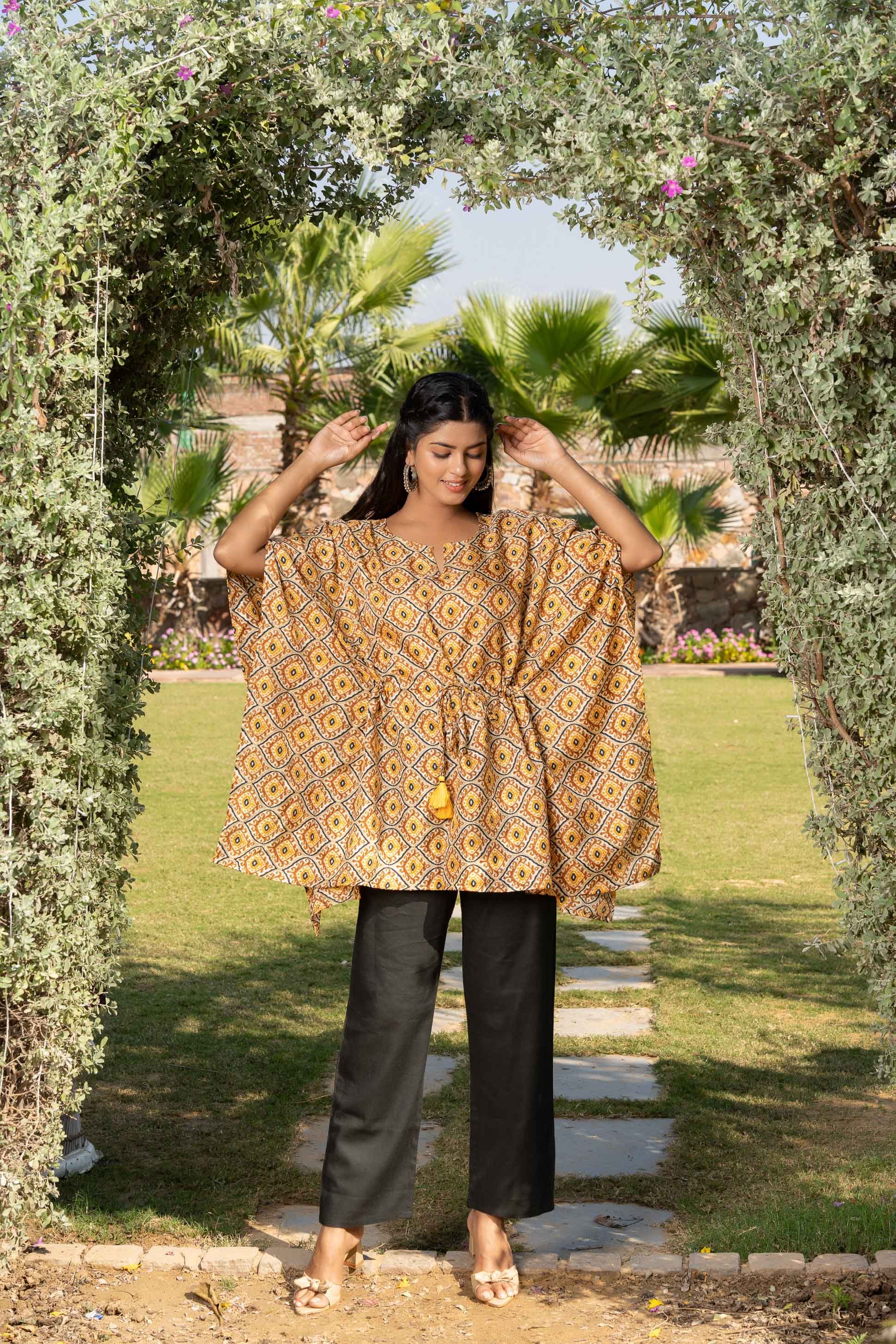 Golden Mustard Printed Kaftan Top