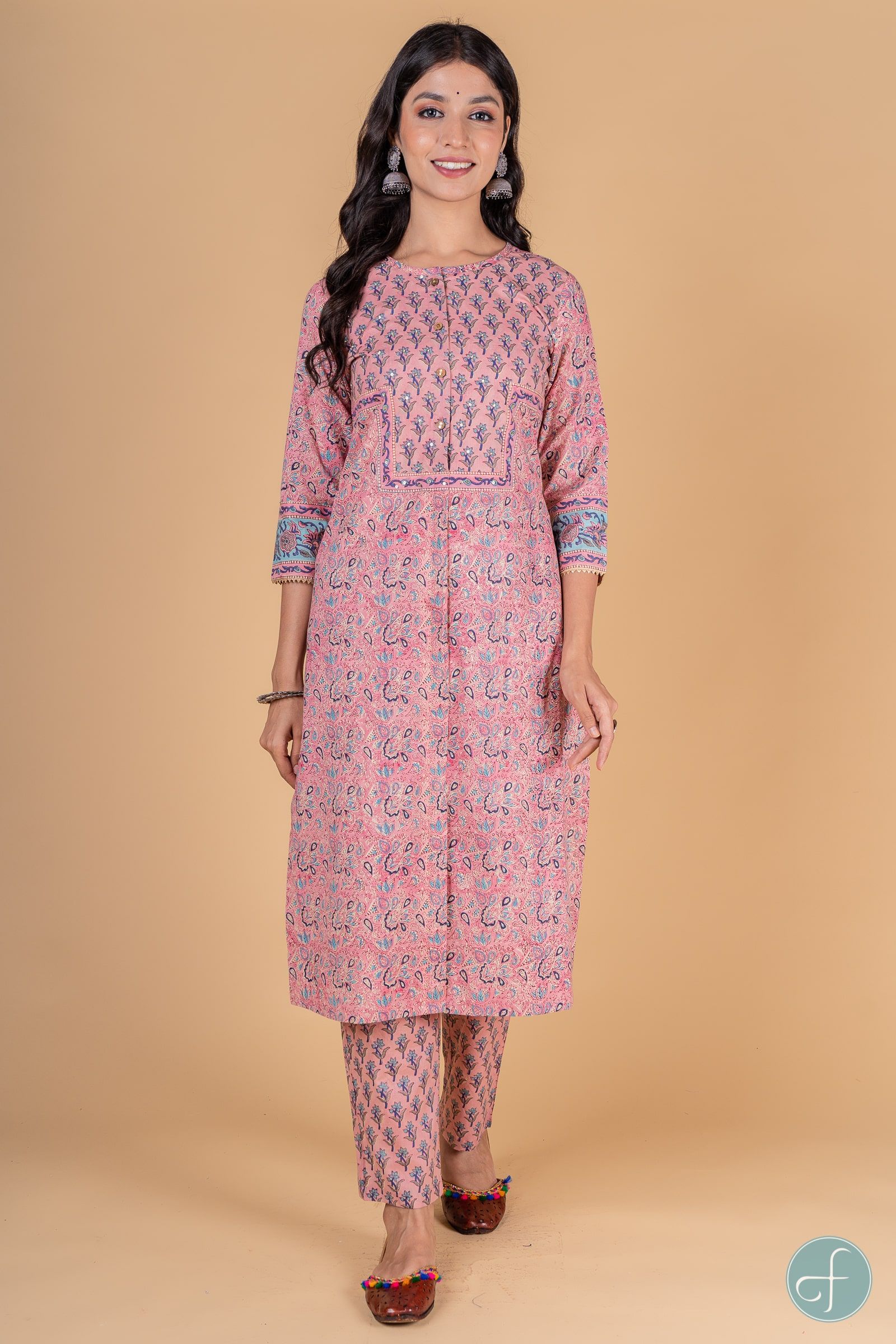 Bubble Pink And Blue Block Printed Kurta 