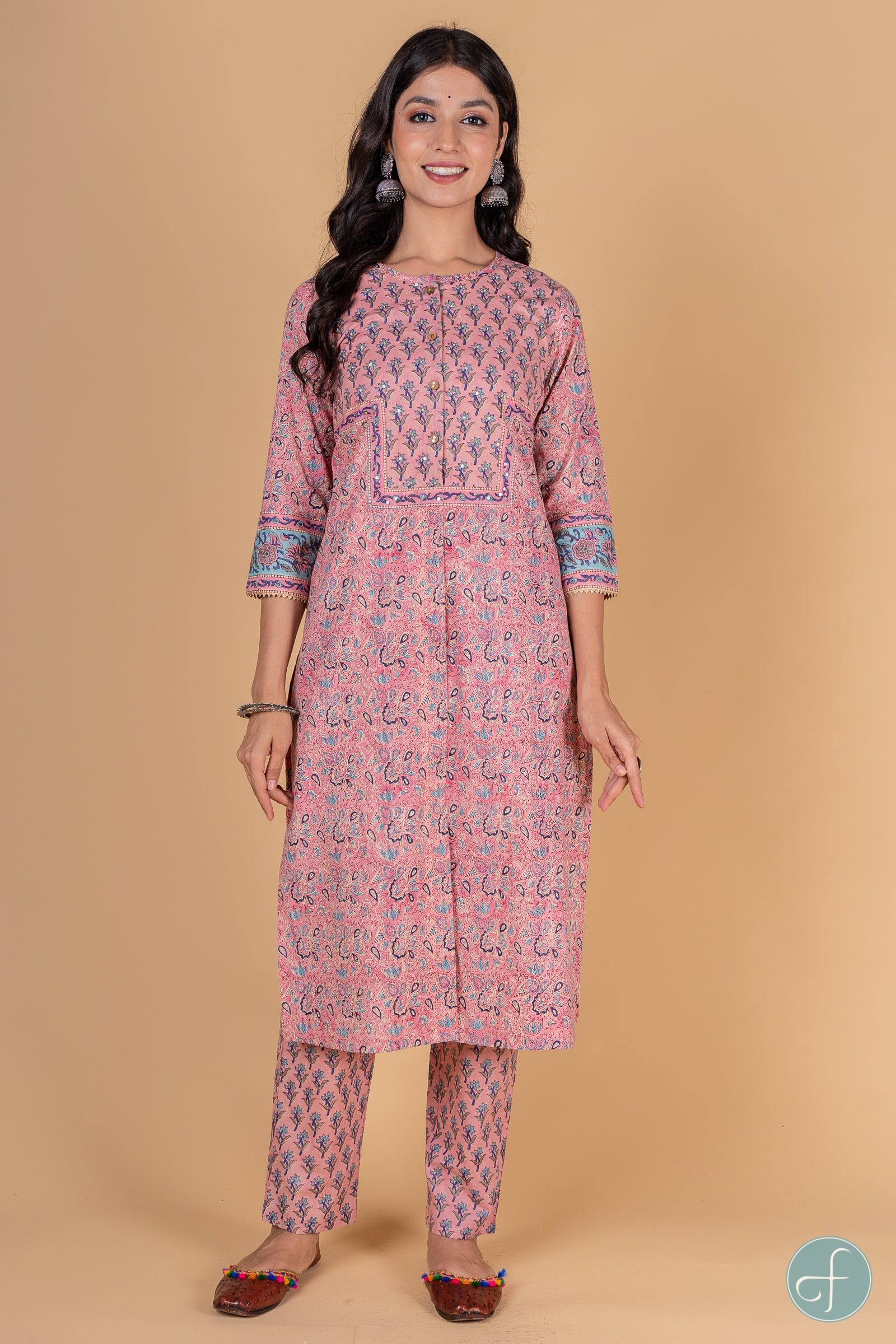 Bubble Pink And Blue Block Printed Kurta 