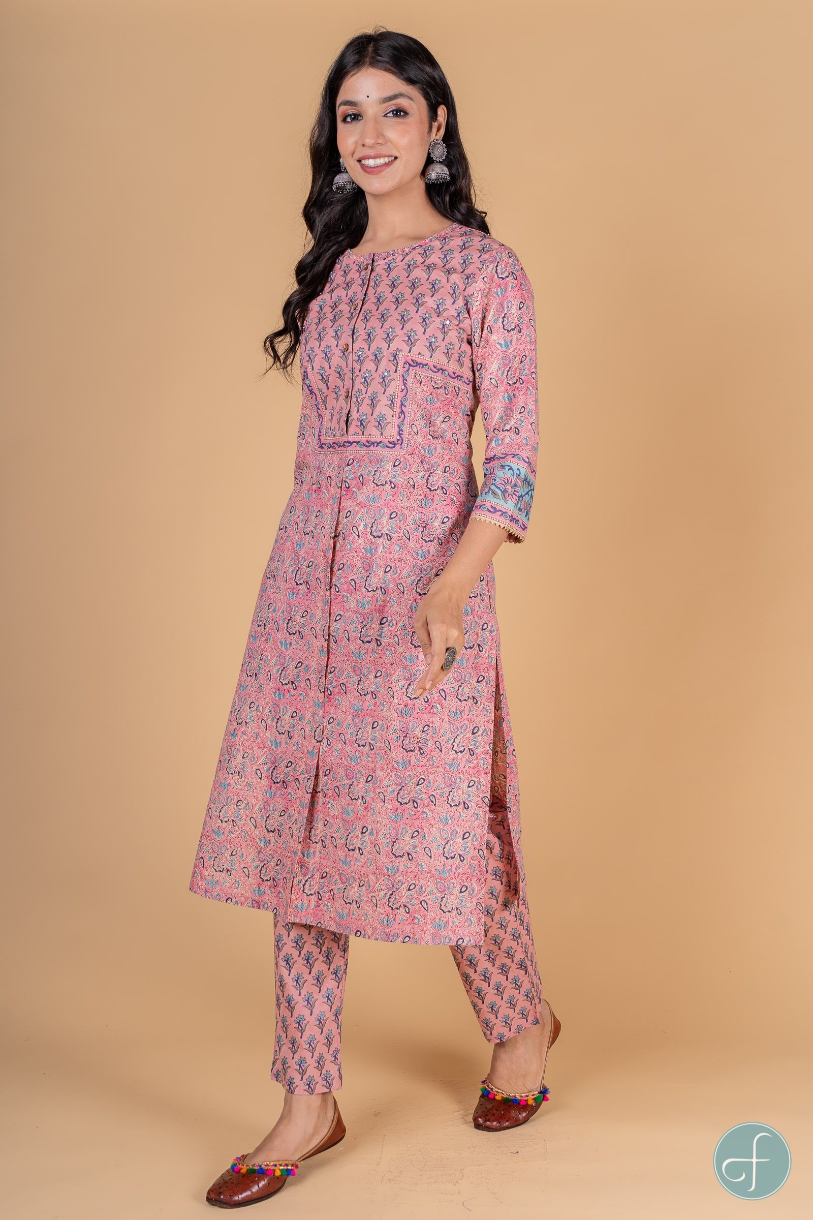 Bubble Pink And Blue Block Printed Kurta 