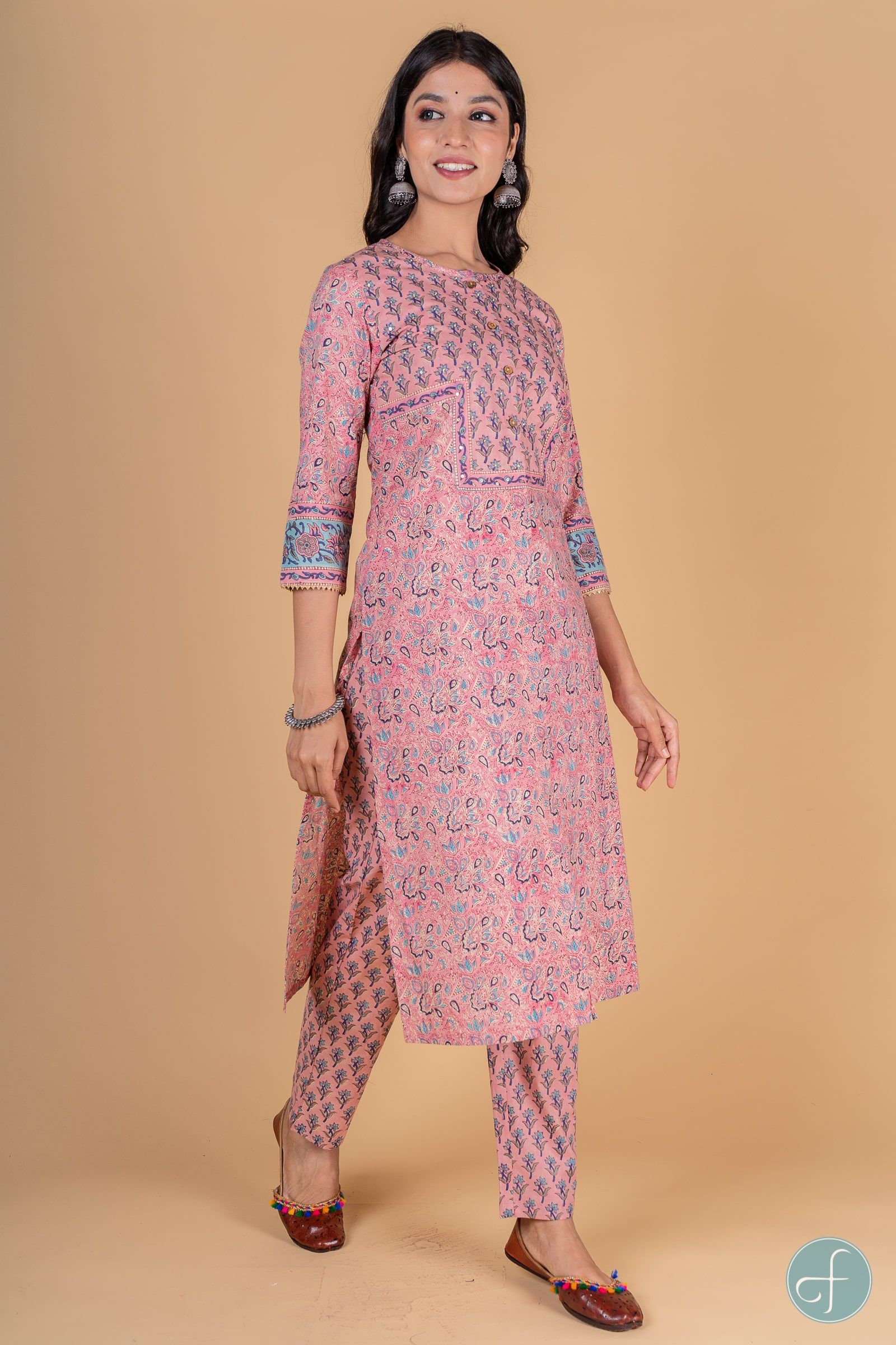 Bubble Pink And Blue Block Printed Kurta 