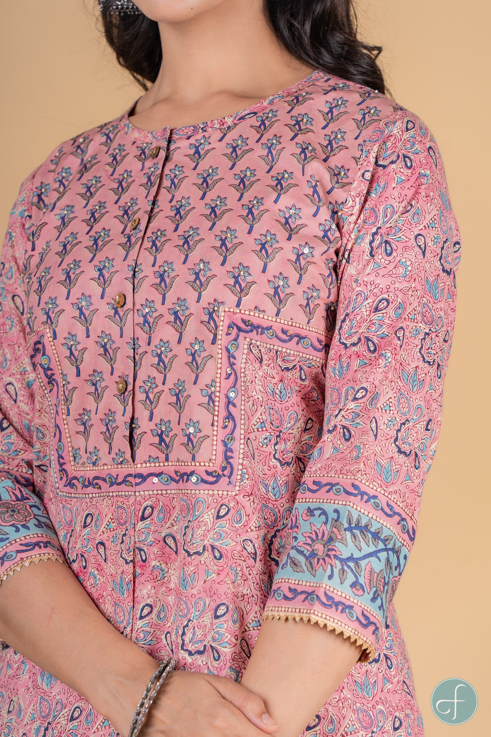 Bubble Pink And Blue Block Printed Kurta 