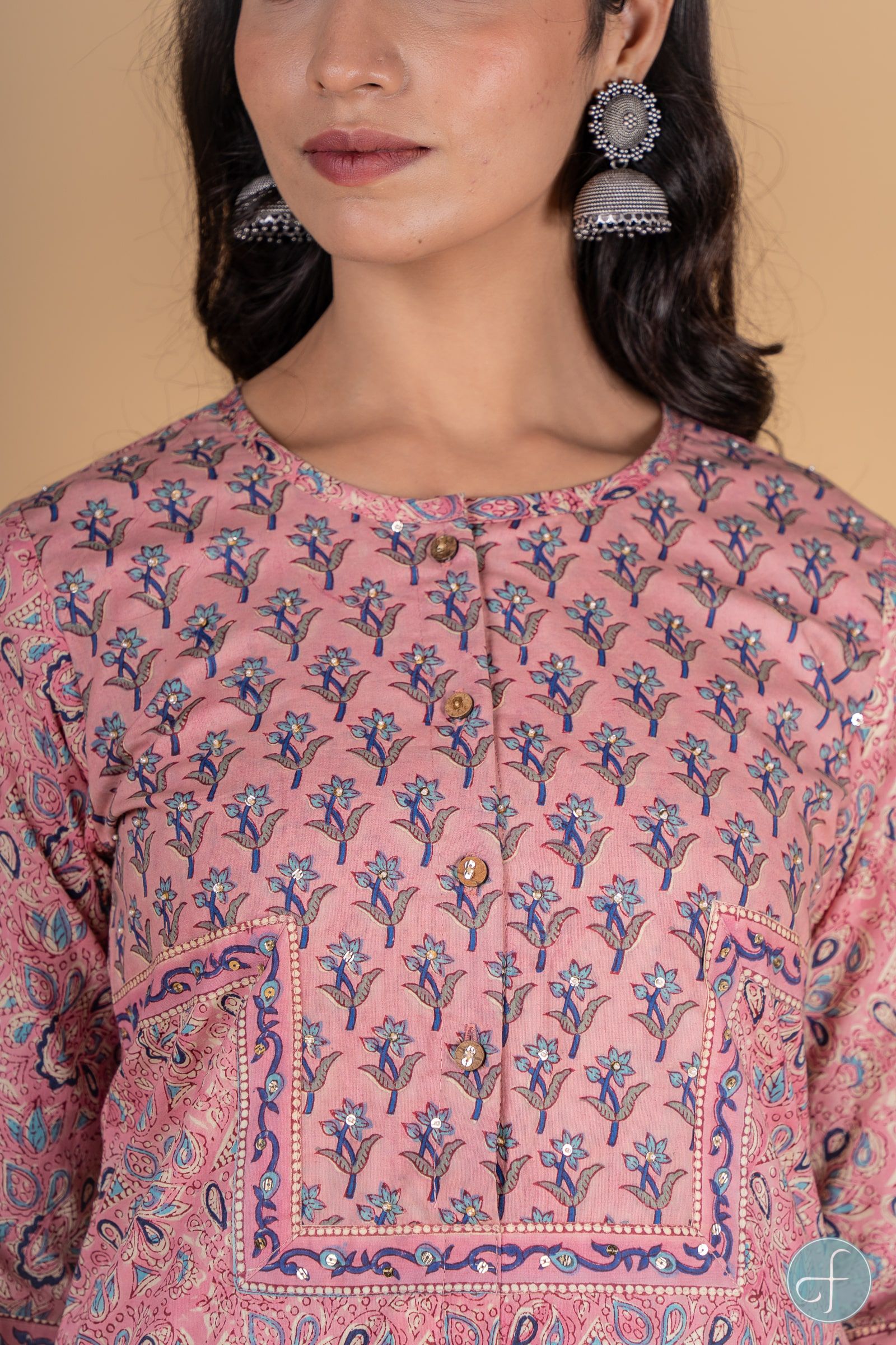 Bubble Pink And Blue Block Printed Kurta 