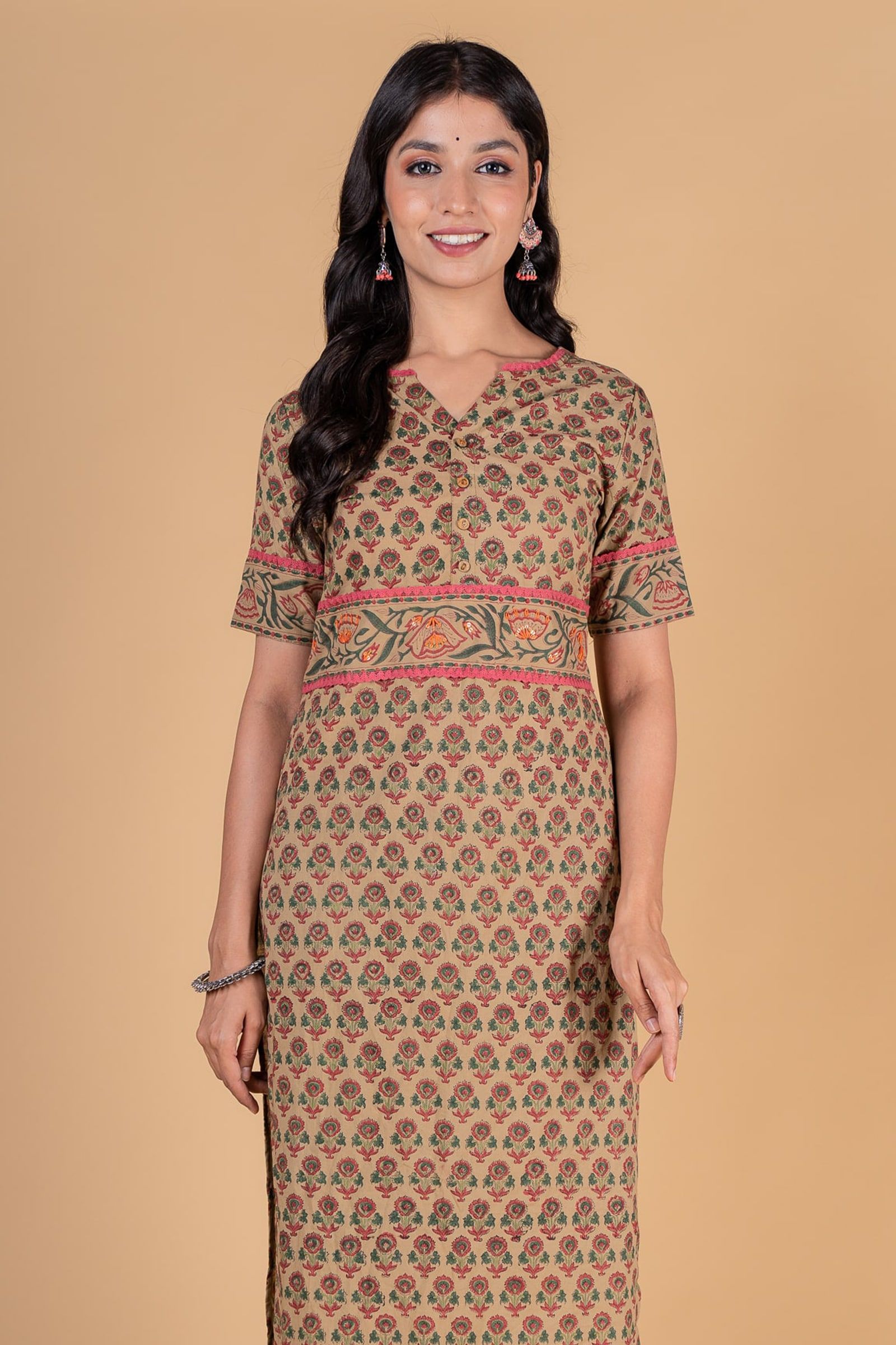 Herbal Green Pink Block Printed Kurta