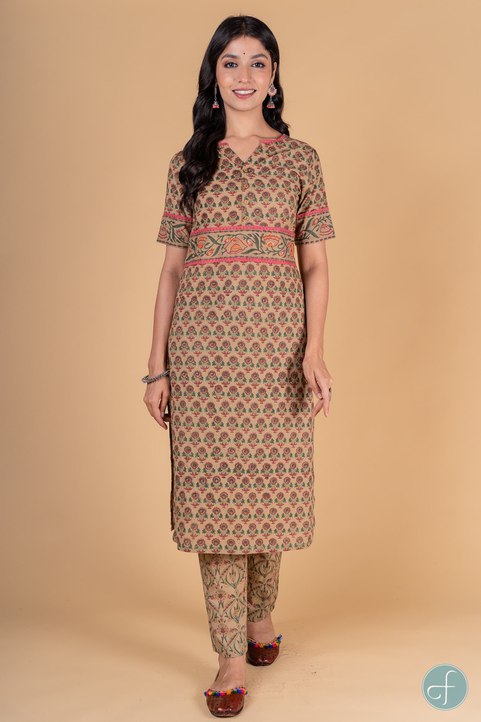 Herbal Green Pink Block Printed Kurta