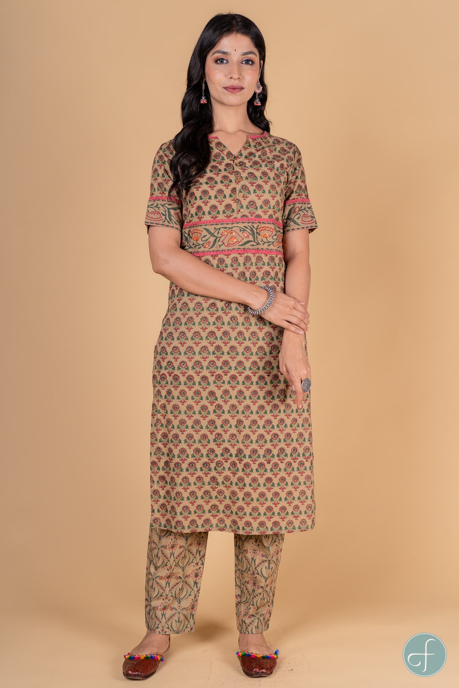 Herbal Green Pink Block Printed Kurta