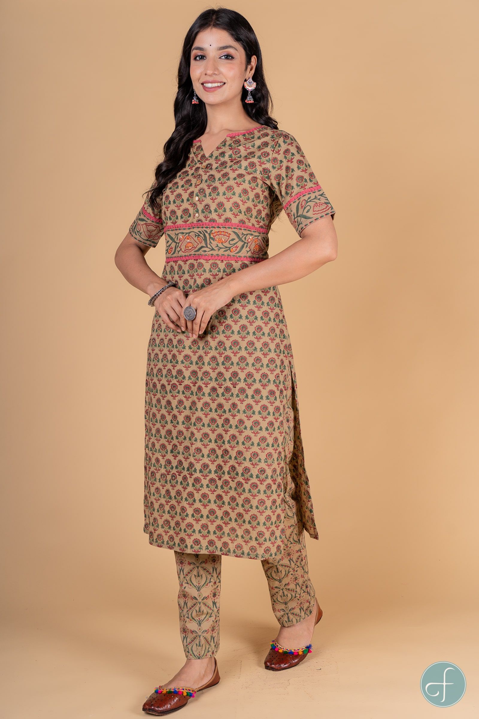 Herbal Green Pink Block Printed Kurta