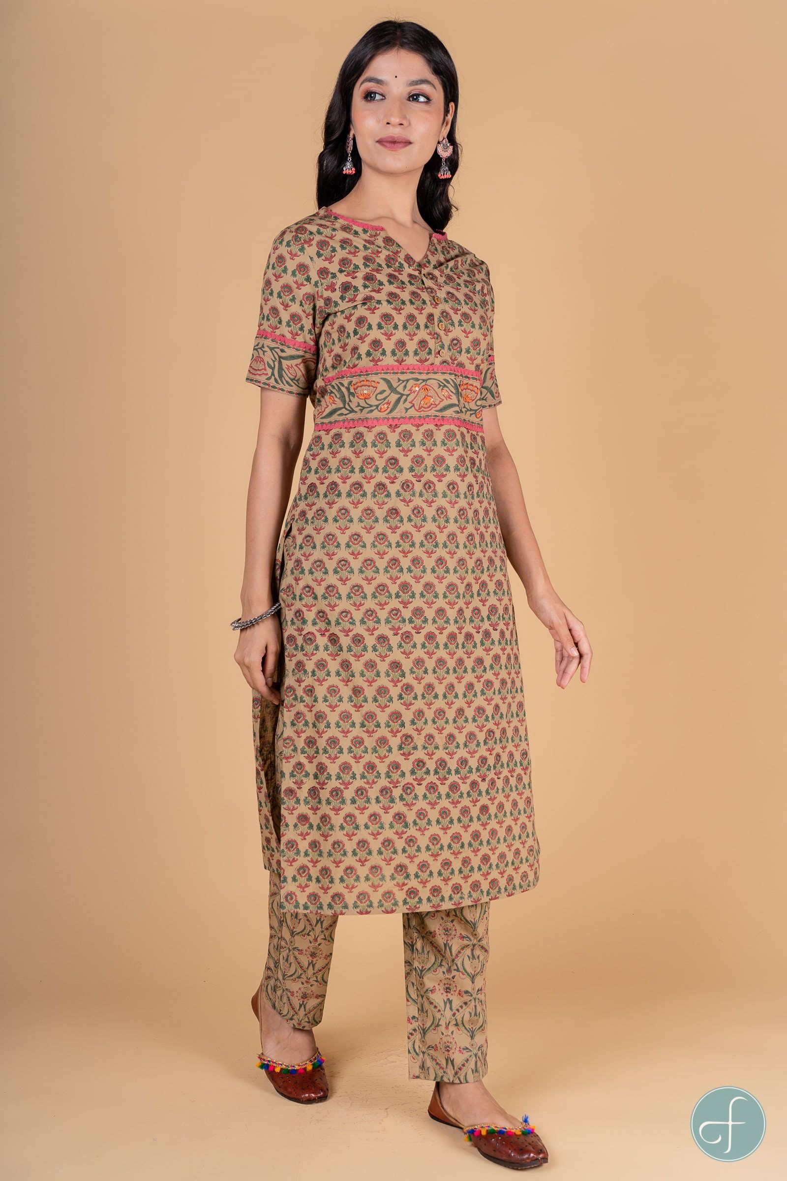 Herbal Green Pink Block Printed Kurta