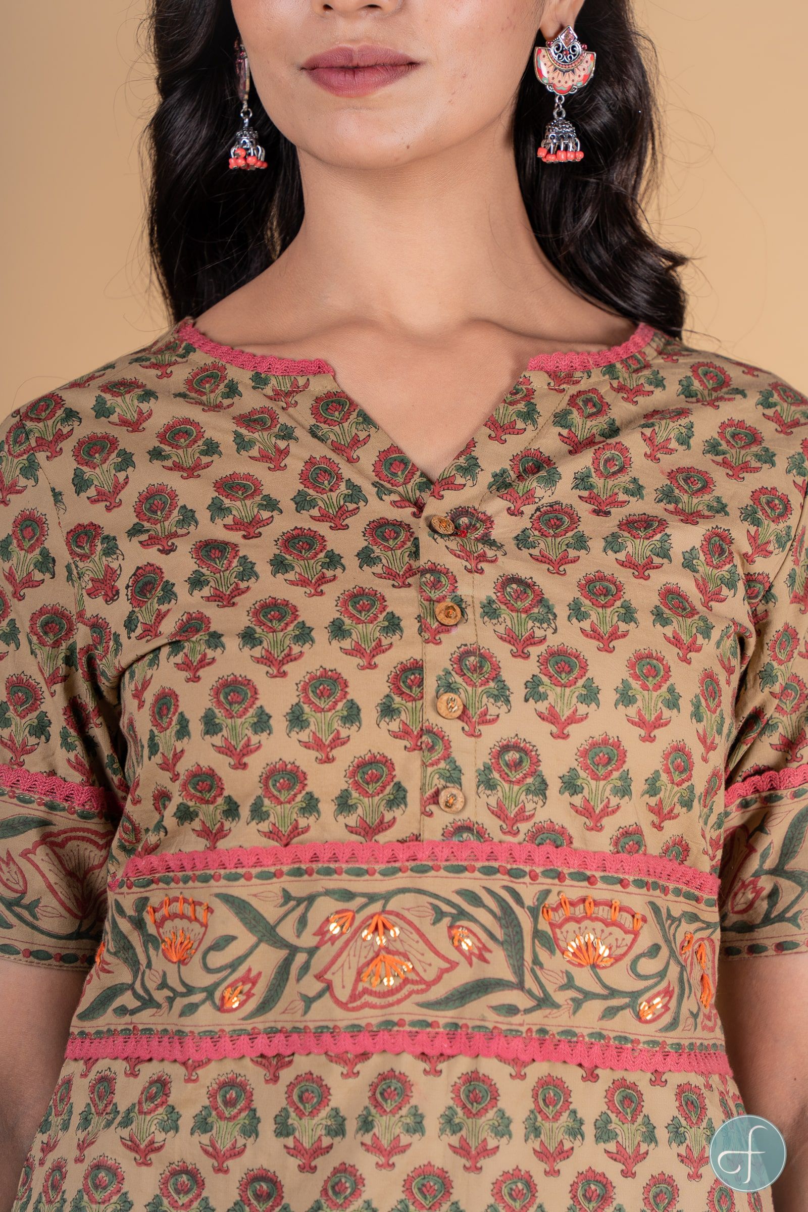 Herbal Green Pink Block Printed Kurta