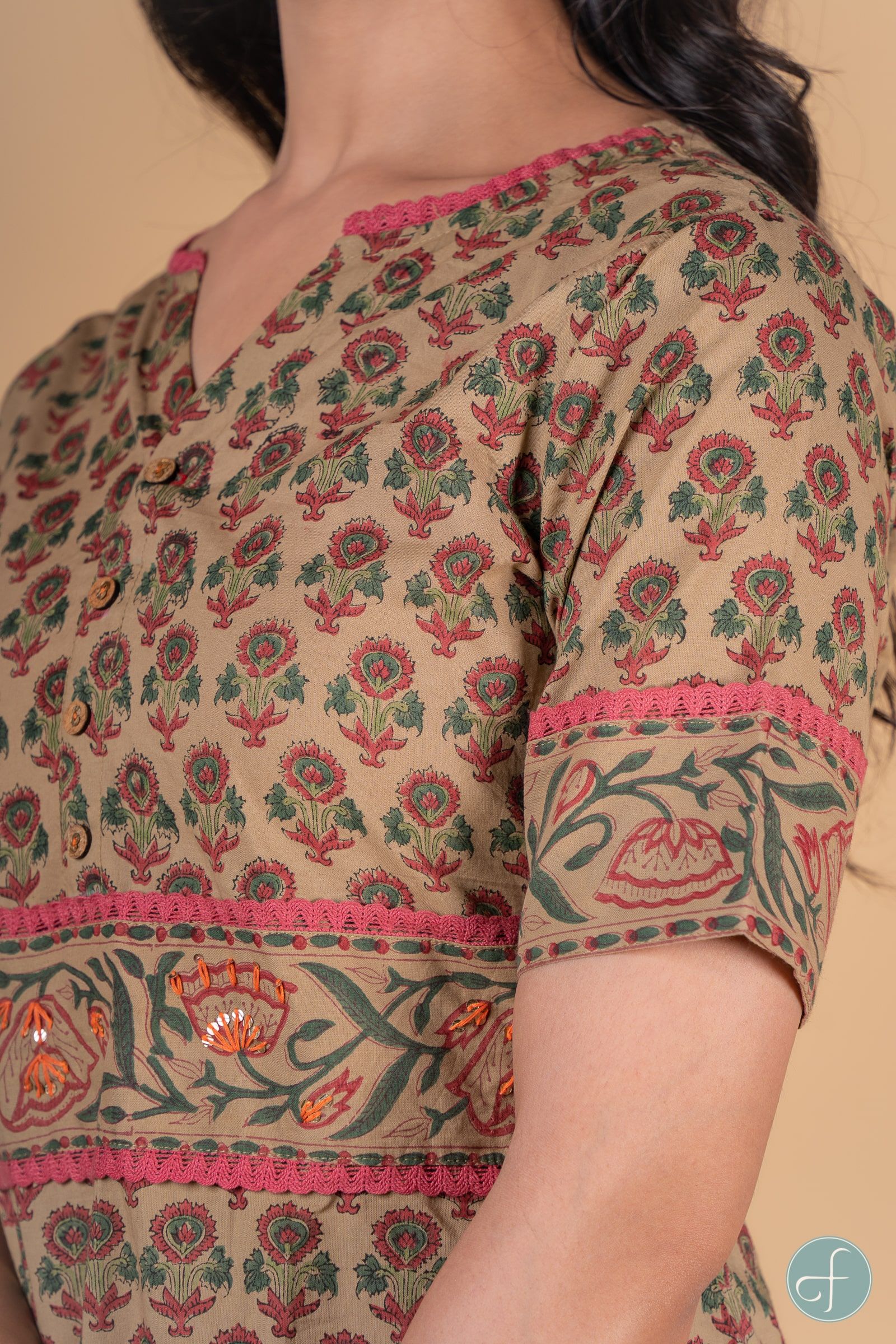 Herbal Green Pink Block Printed Kurta