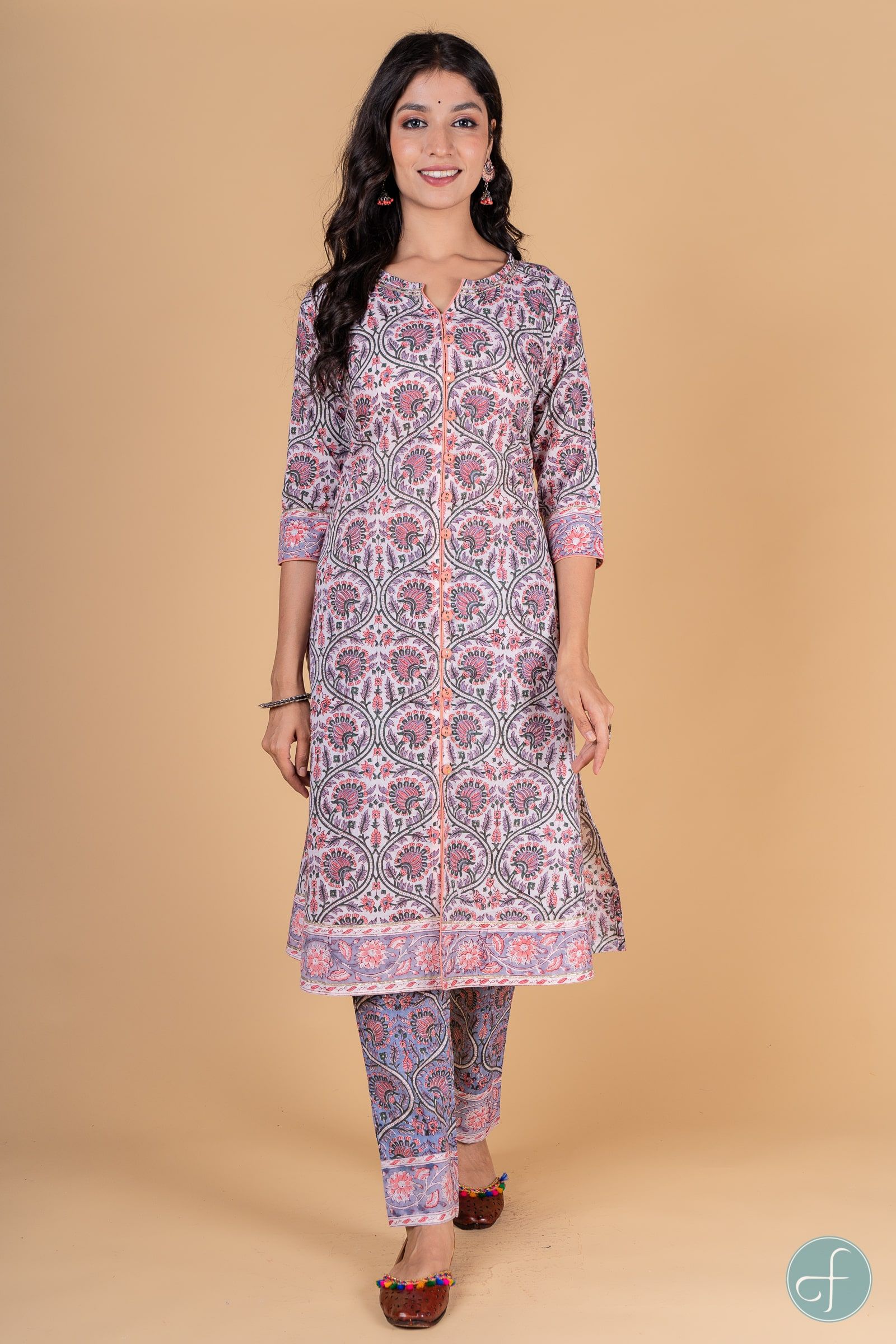 Violet Peach Block Printed Kurta 