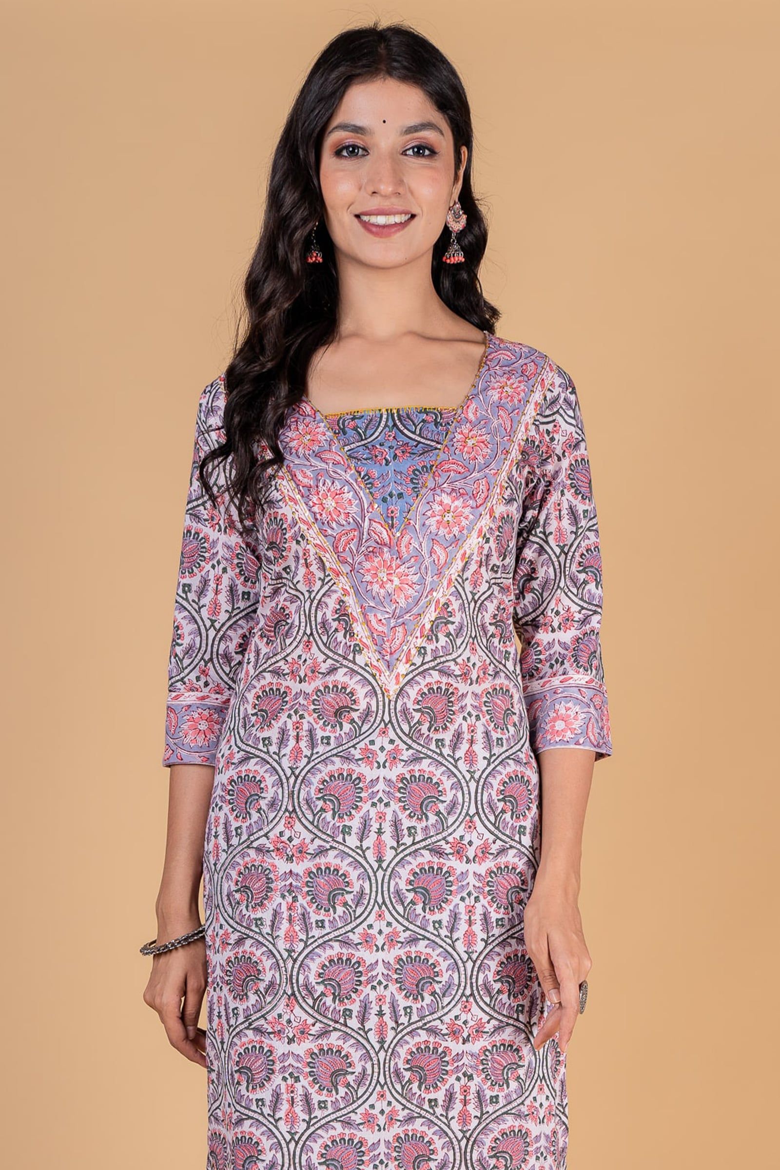 Lavender Peach Block Printed Kurta 