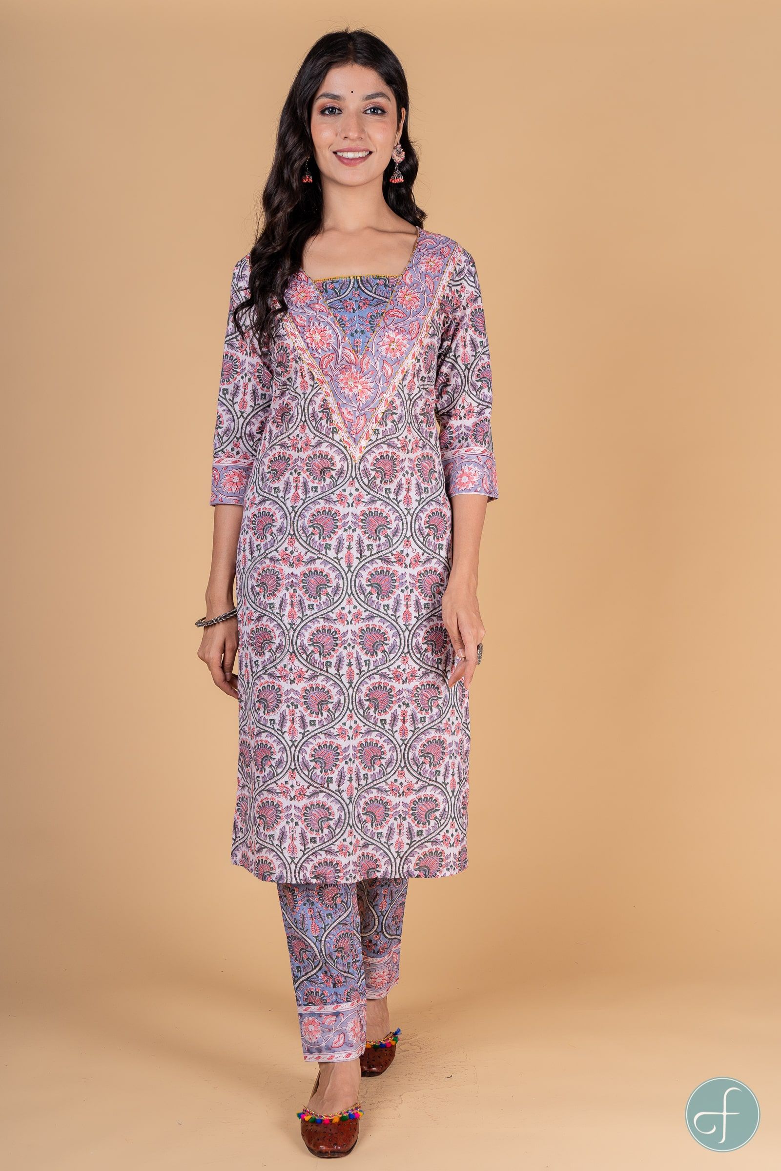 Lavender Peach Block Printed Kurta 