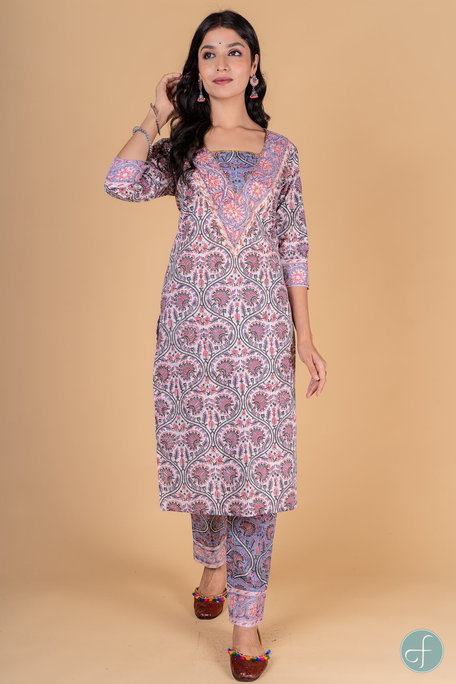 Lavender Peach Block Printed Kurta 