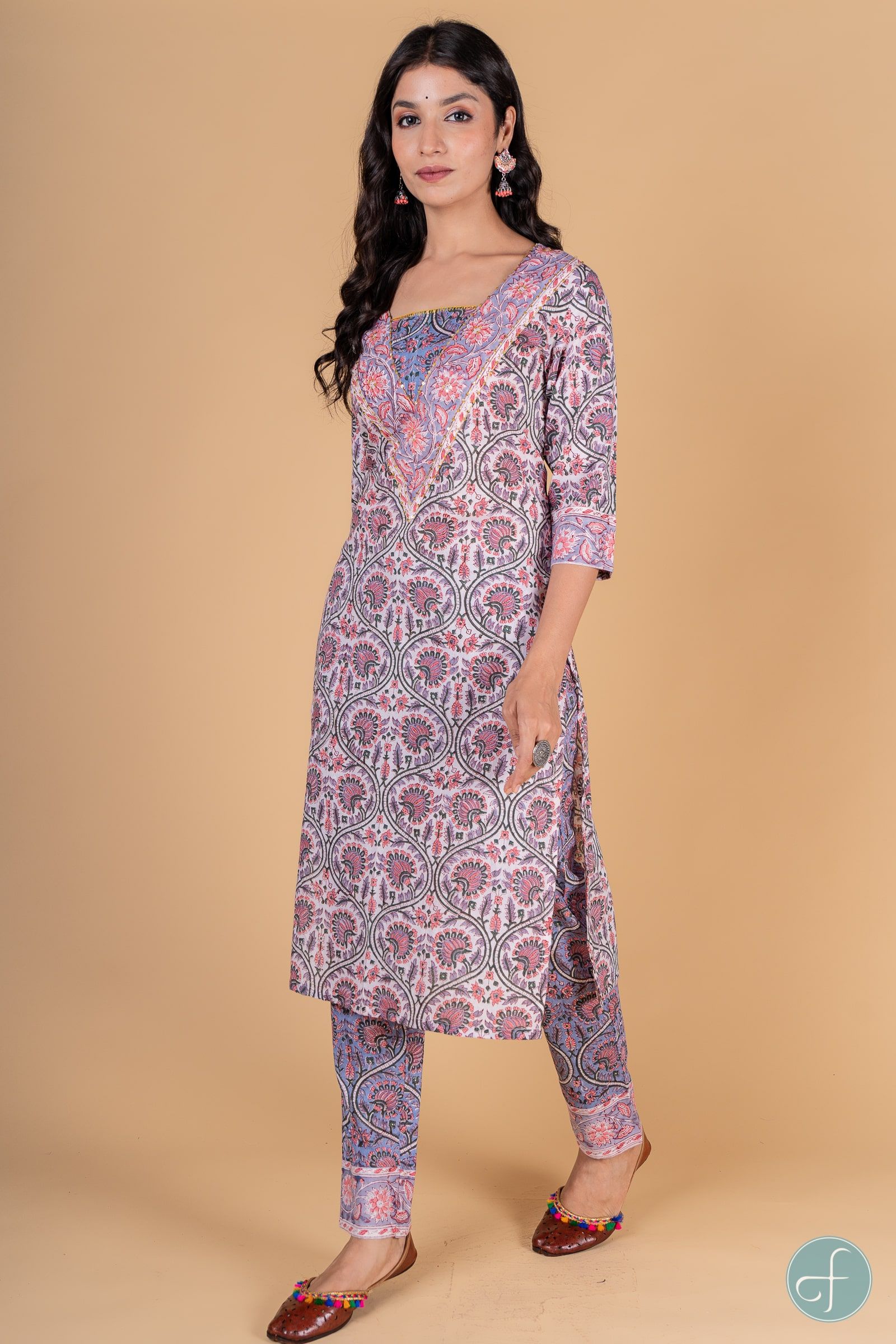 Lavender Peach Block Printed Kurta 