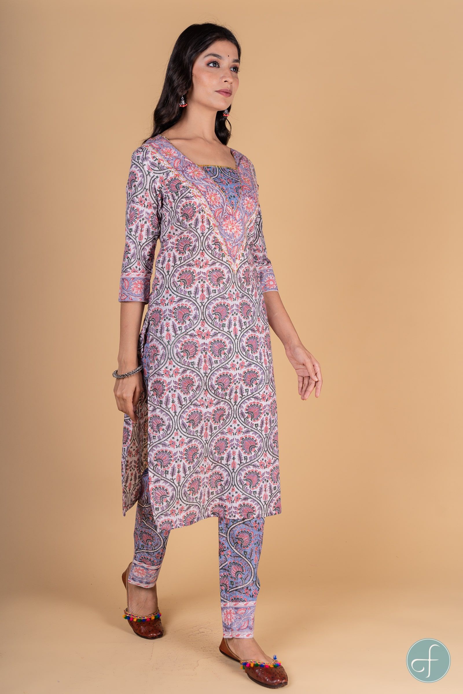 Lavender Peach Block Printed Kurta 