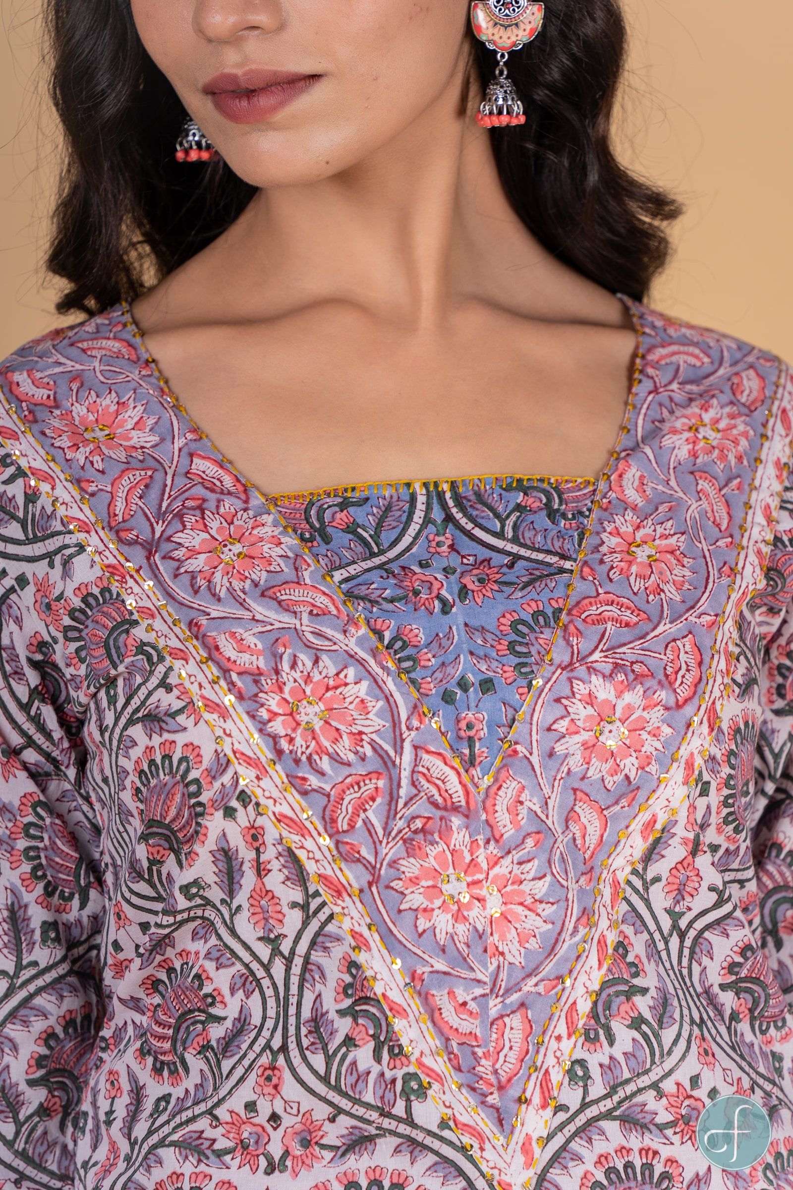 Lavender Peach Block Printed Kurta 