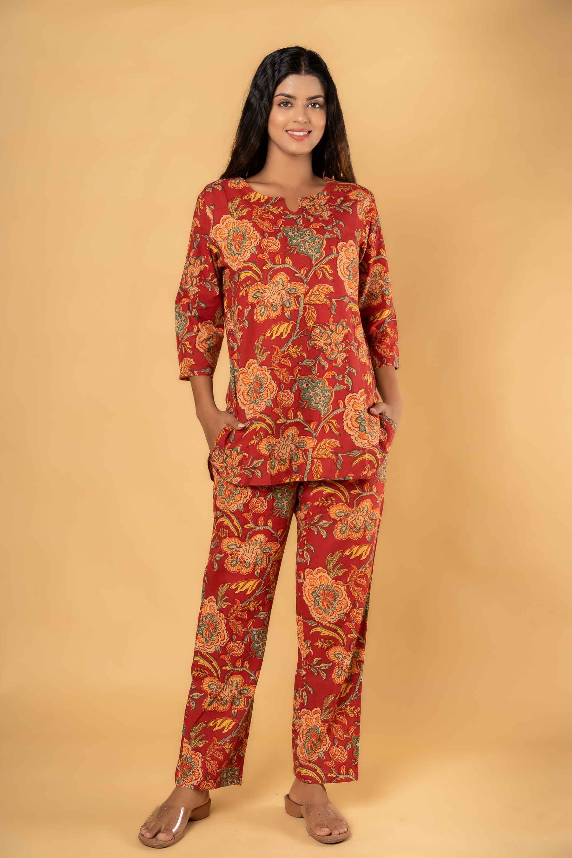 Red Floral Printed Night Suit