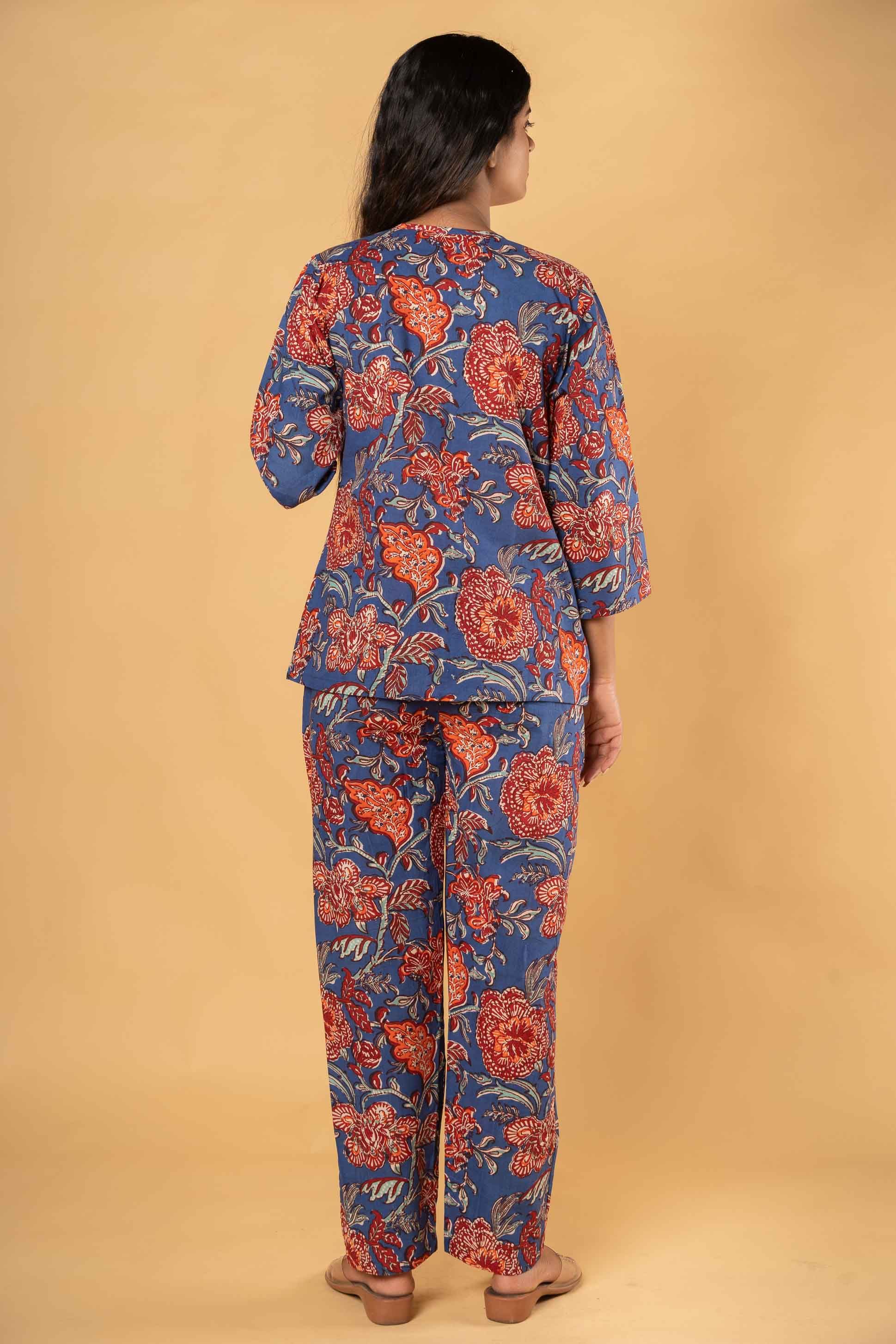 Blue Floral Printed Night Suit