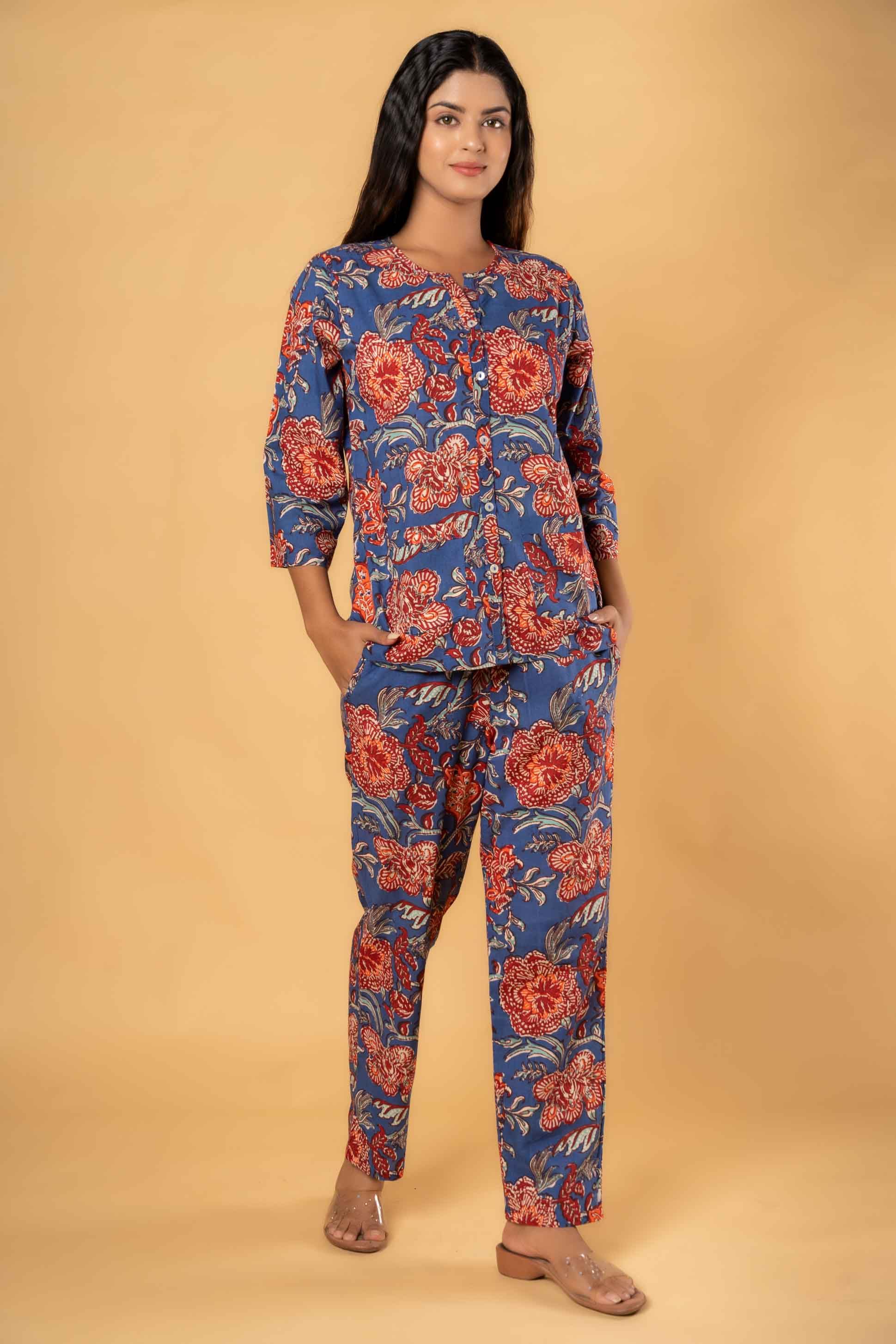 Blue Floral Printed Night Suit