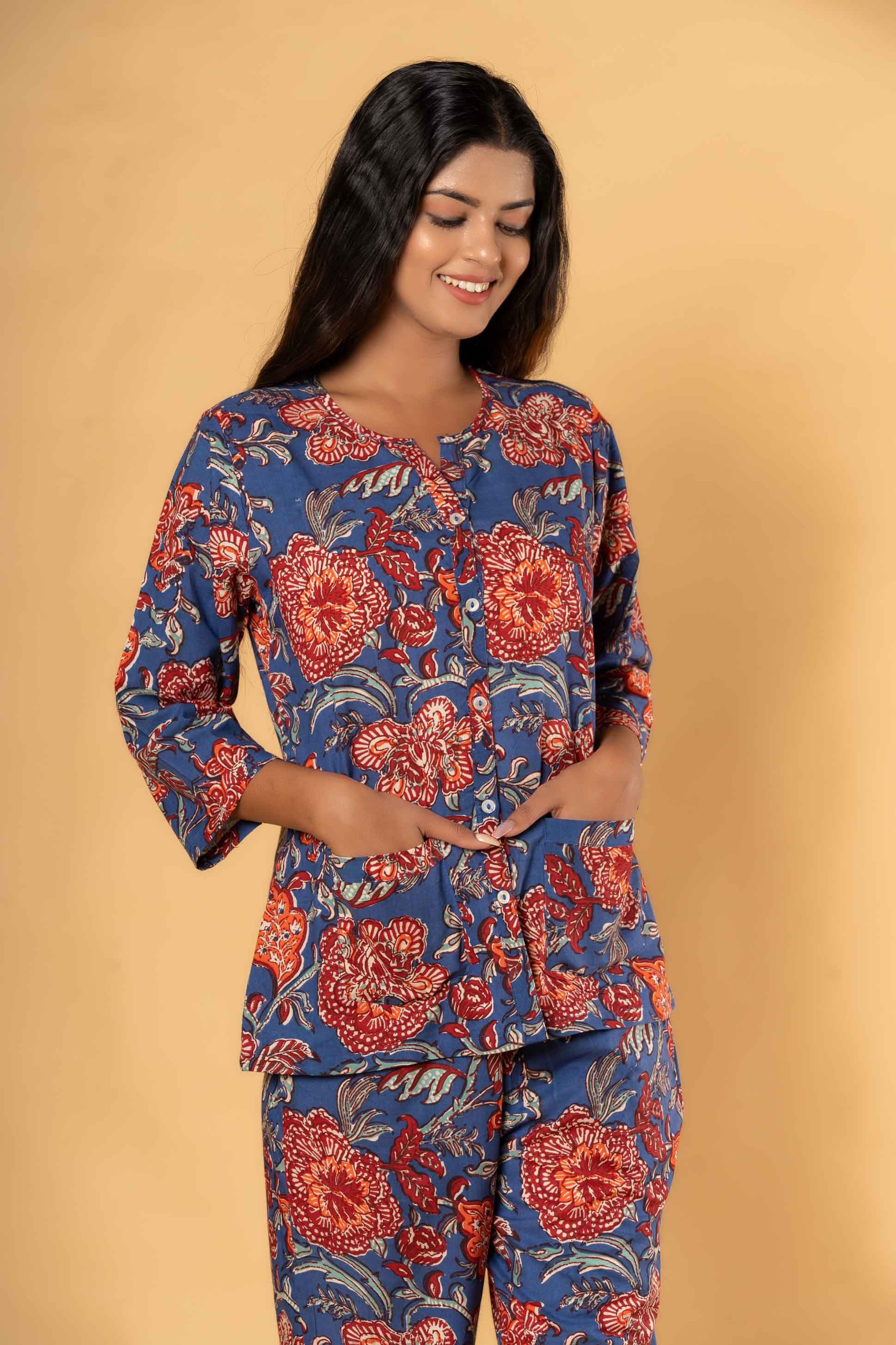 Blue Floral Printed Night Suit