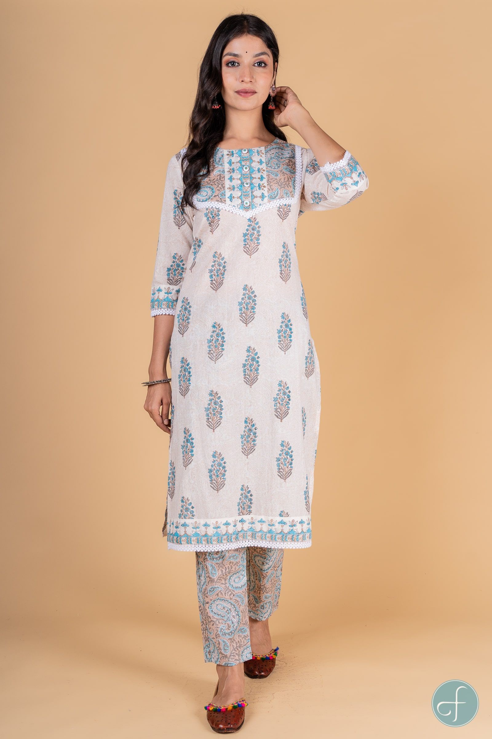 Blue Grey Block Printed Kurta 