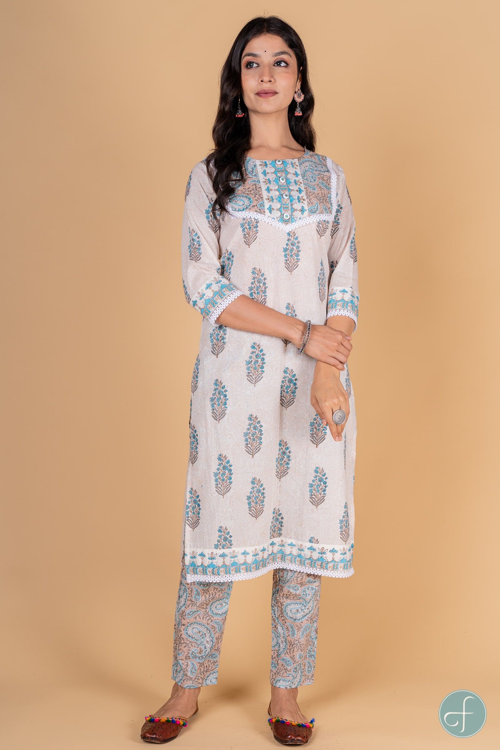 Blue Grey Block Printed Kurta 