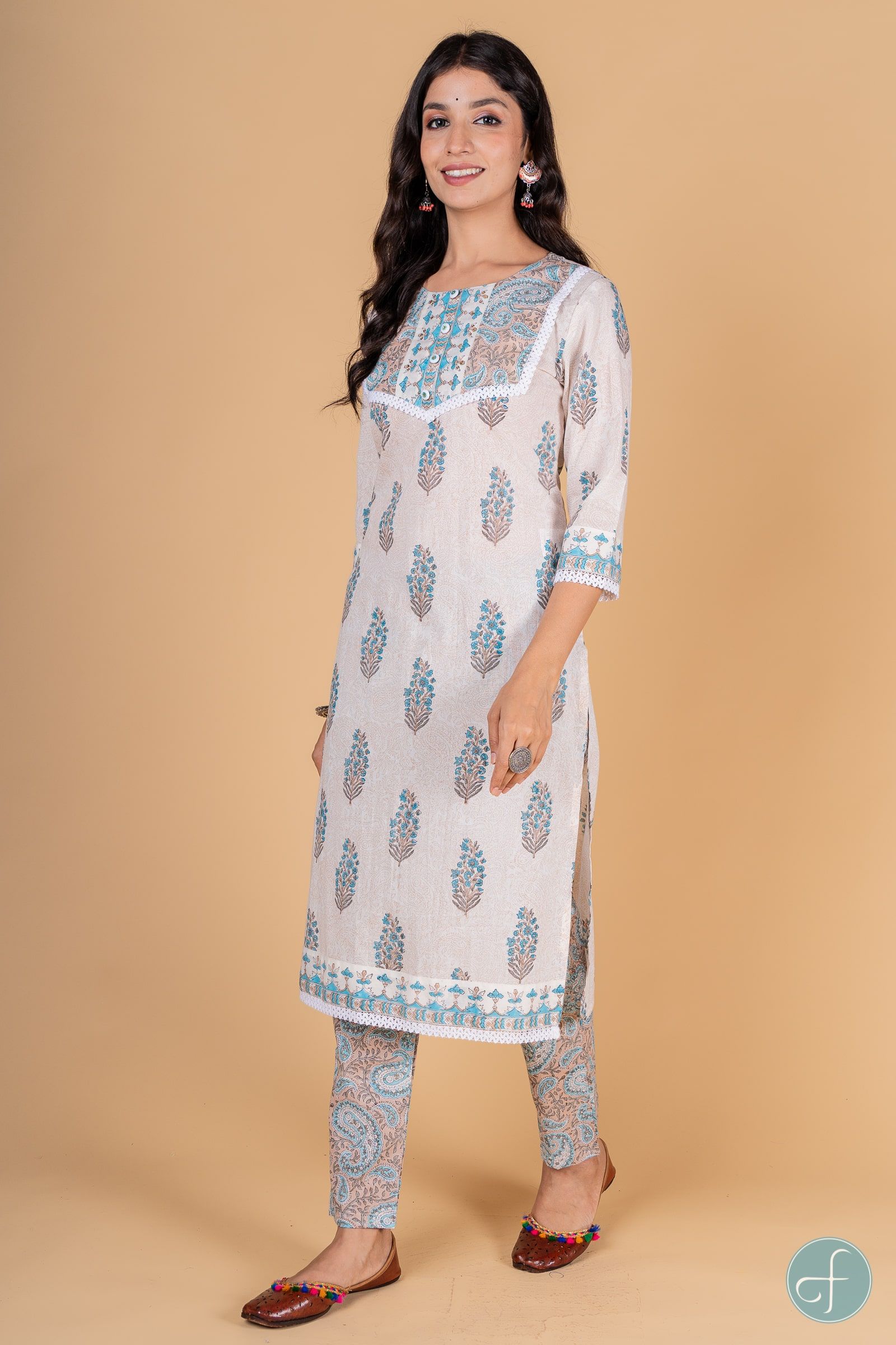 Blue Grey Block Printed Kurta 