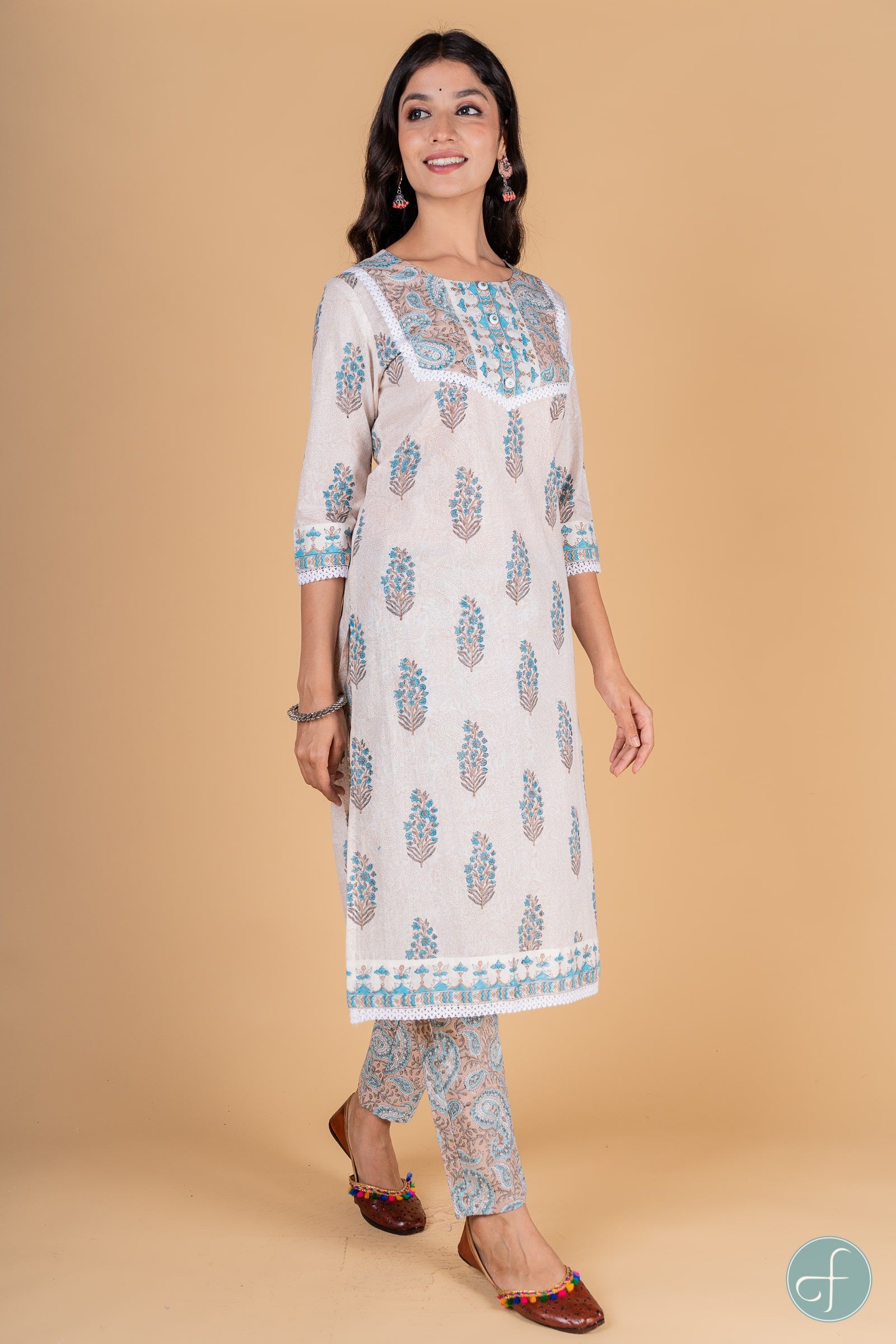 Blue Grey Block Printed Kurta 