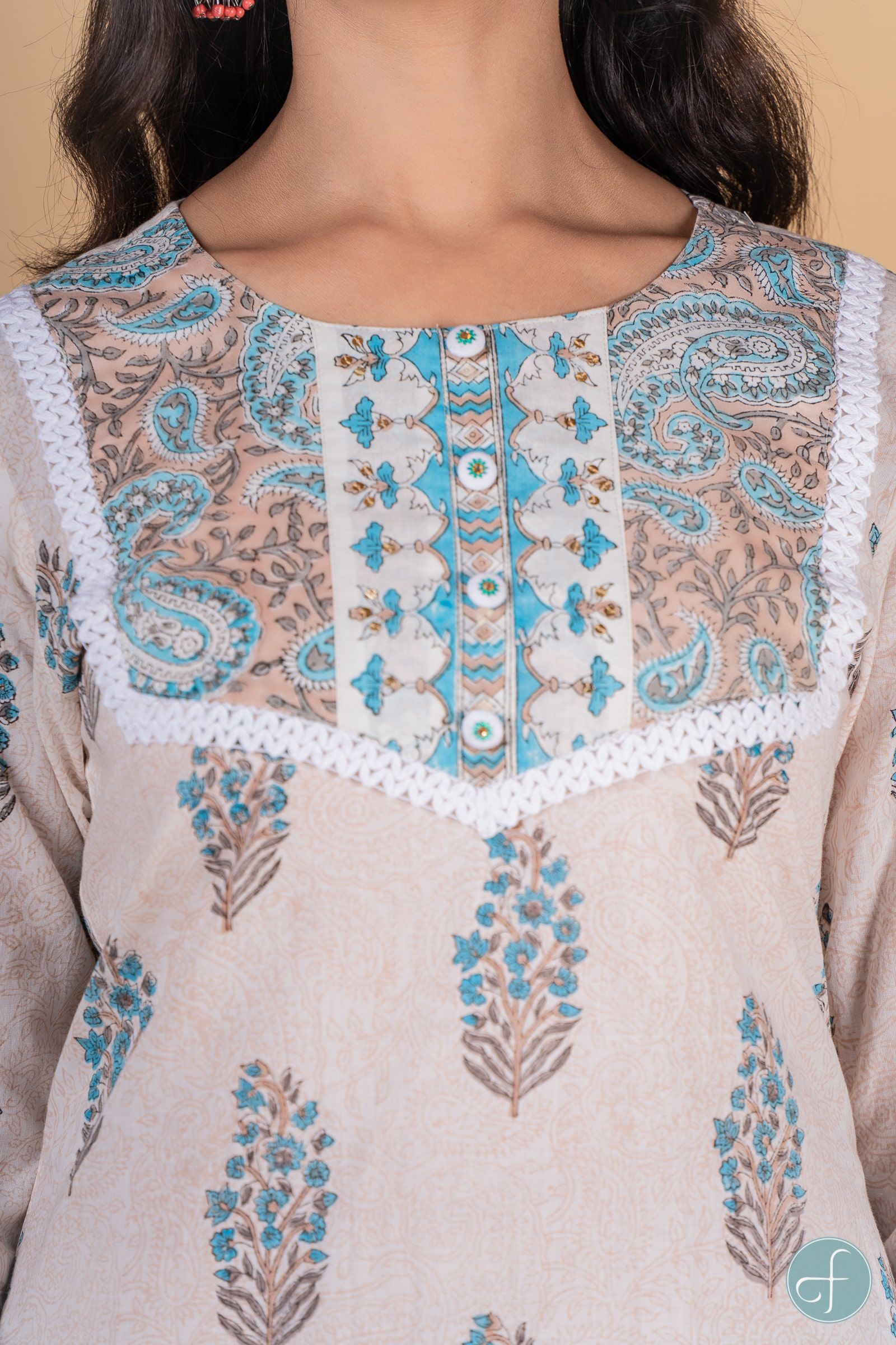 Blue Grey Block Printed Kurta 