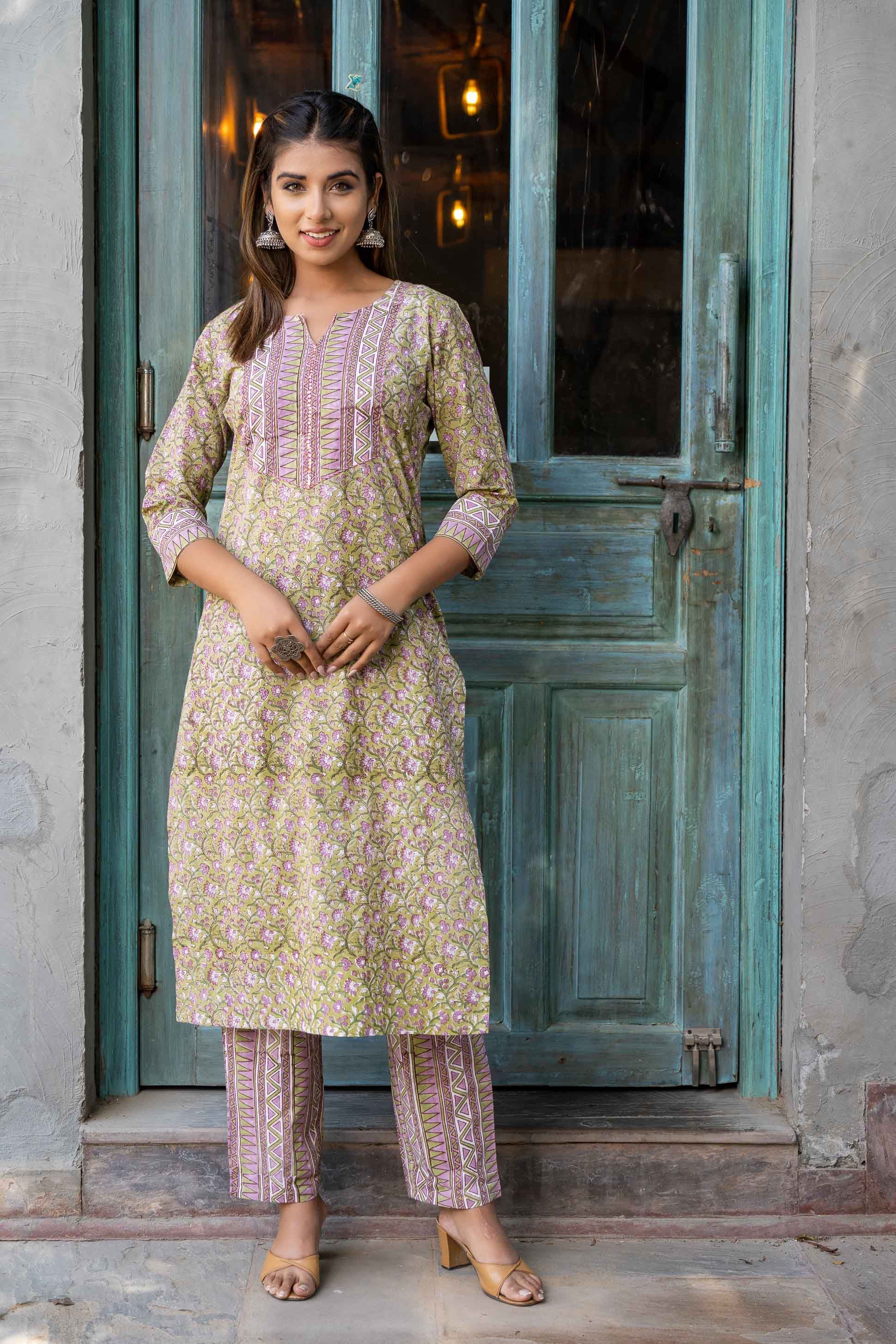 Green Violet Block Printed Kurta Set