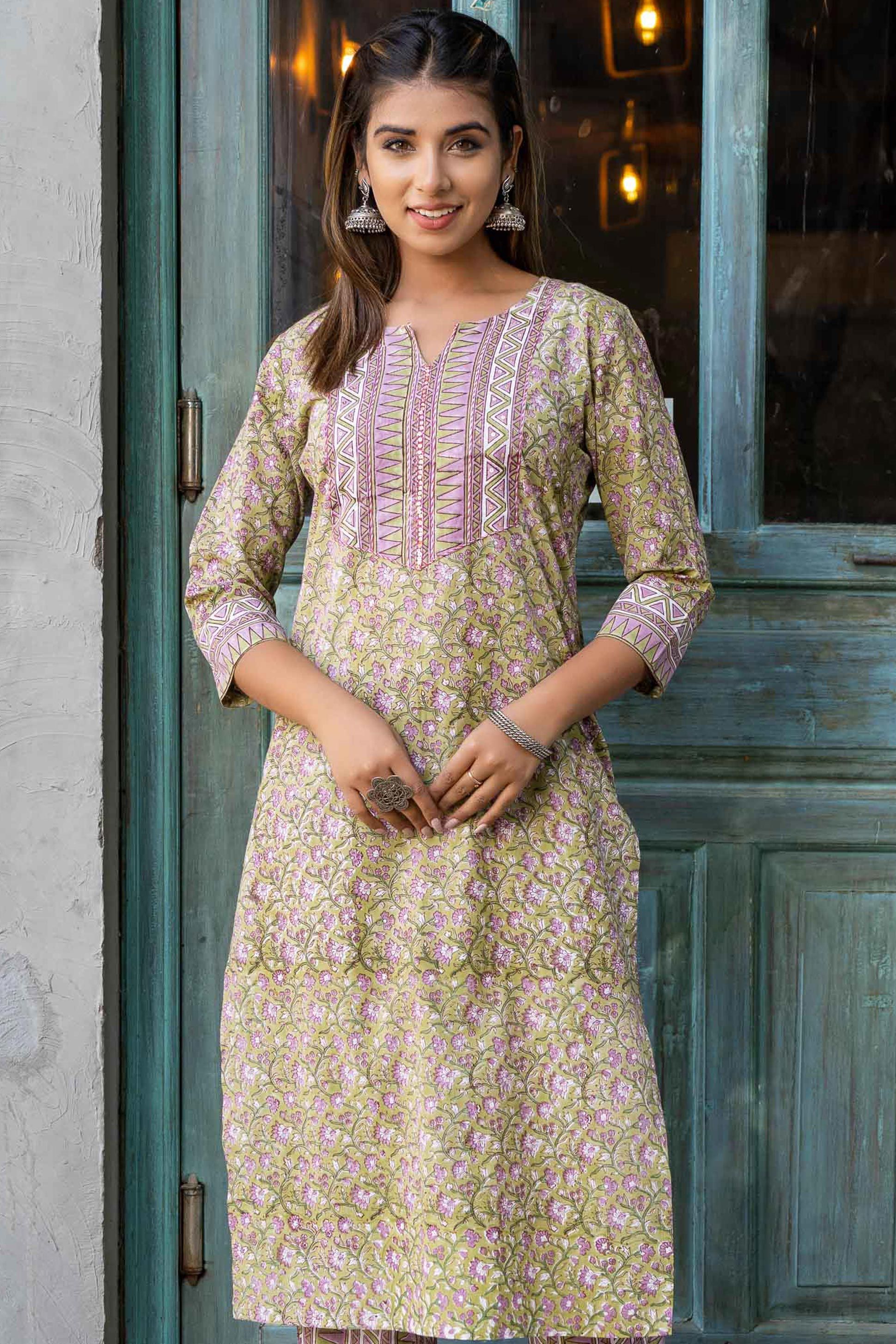 Green Violet Block Printed Kurta