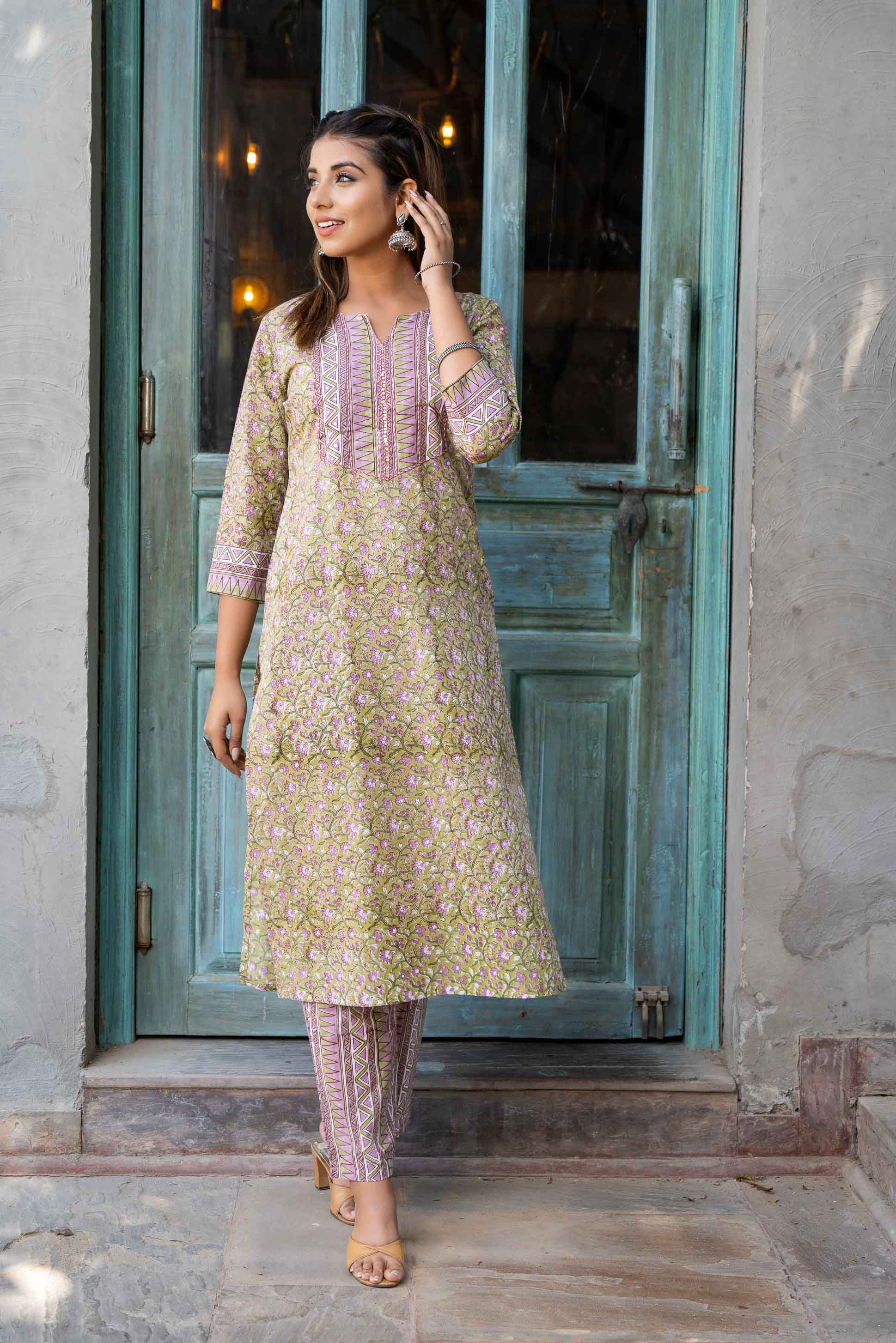 Green Violet Block Printed Kurta