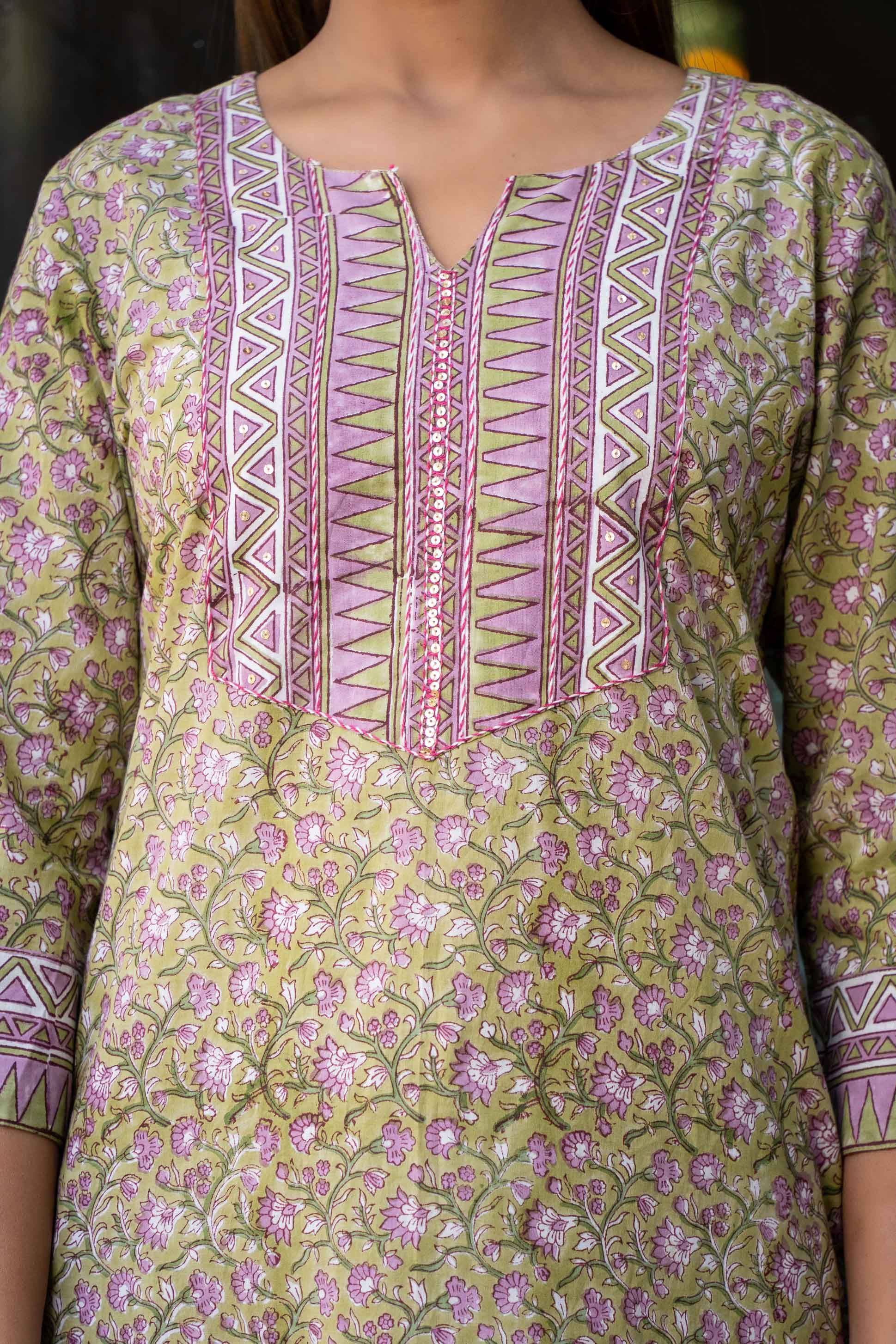 Green Violet Block Printed Kurta Set