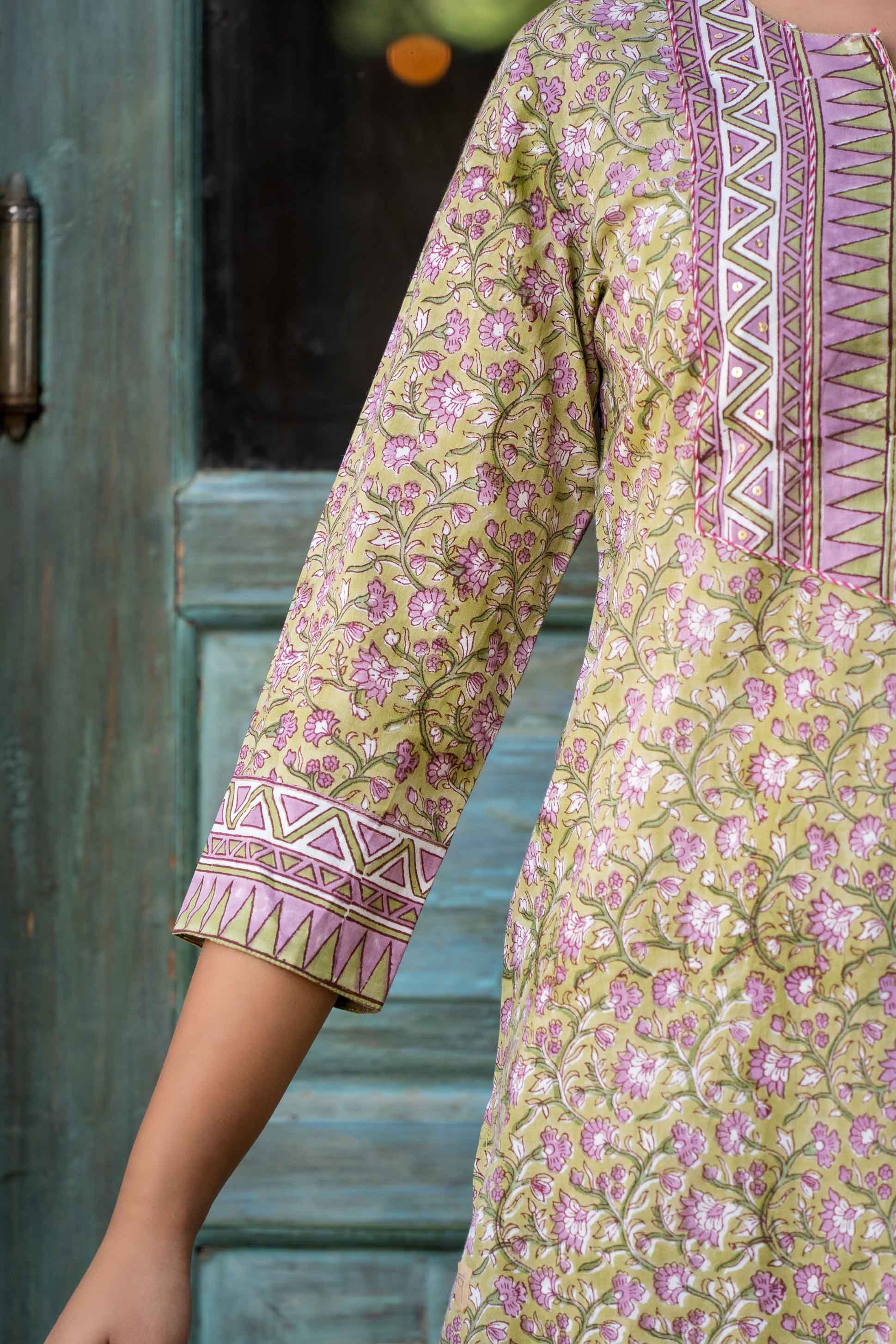 Green Violet Block Printed Kurta Set