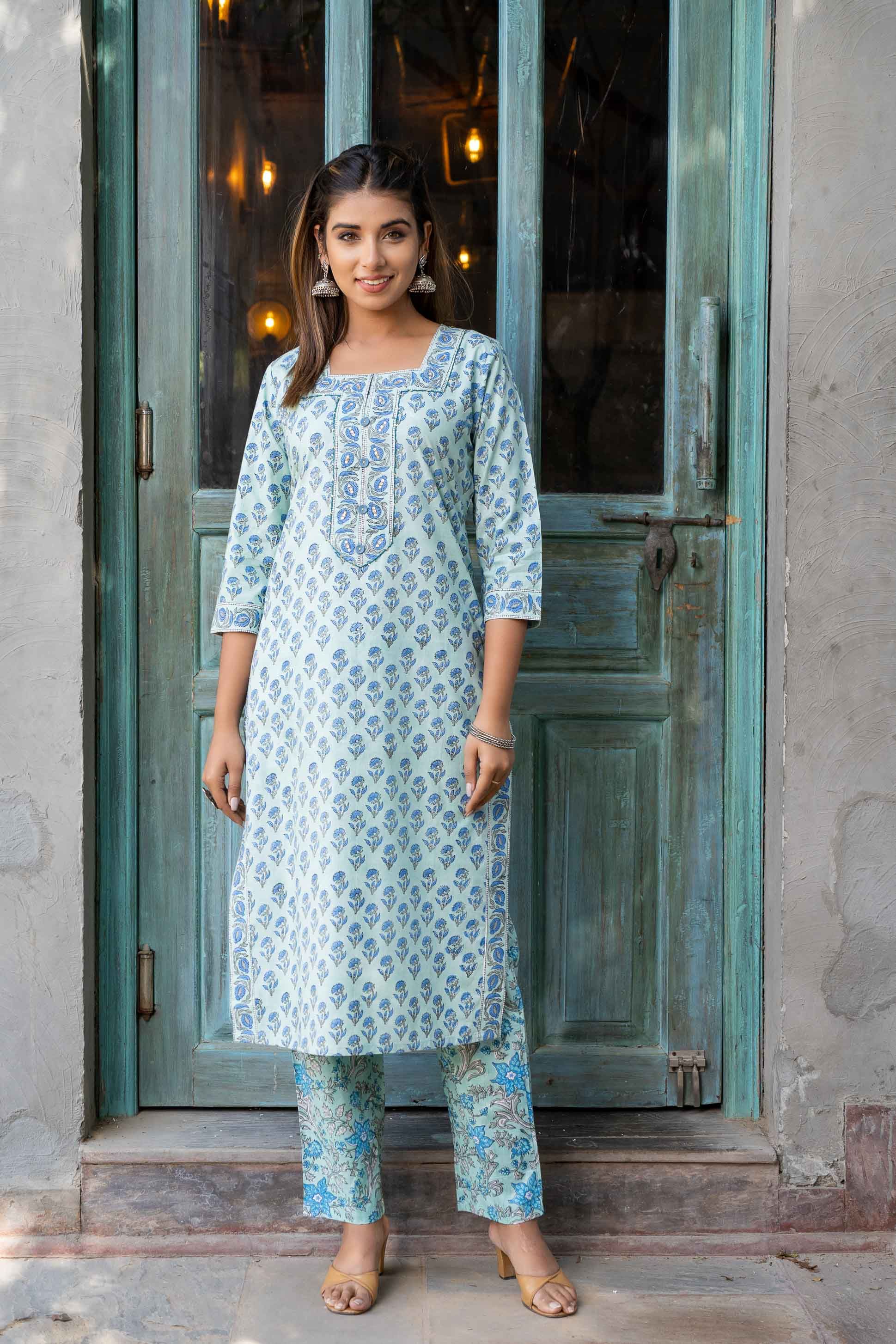 Blue Green Block Printed Kurta Set