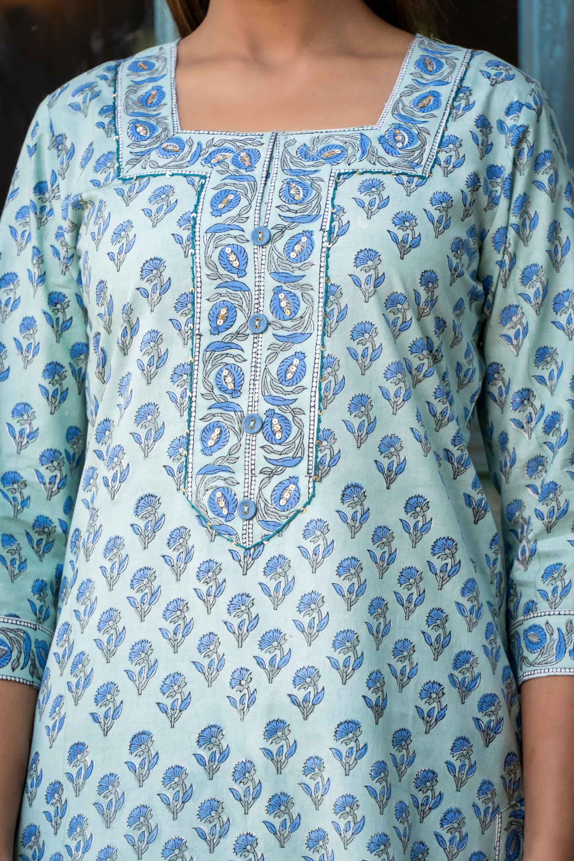 Blue Green Block Printed Kurta Set