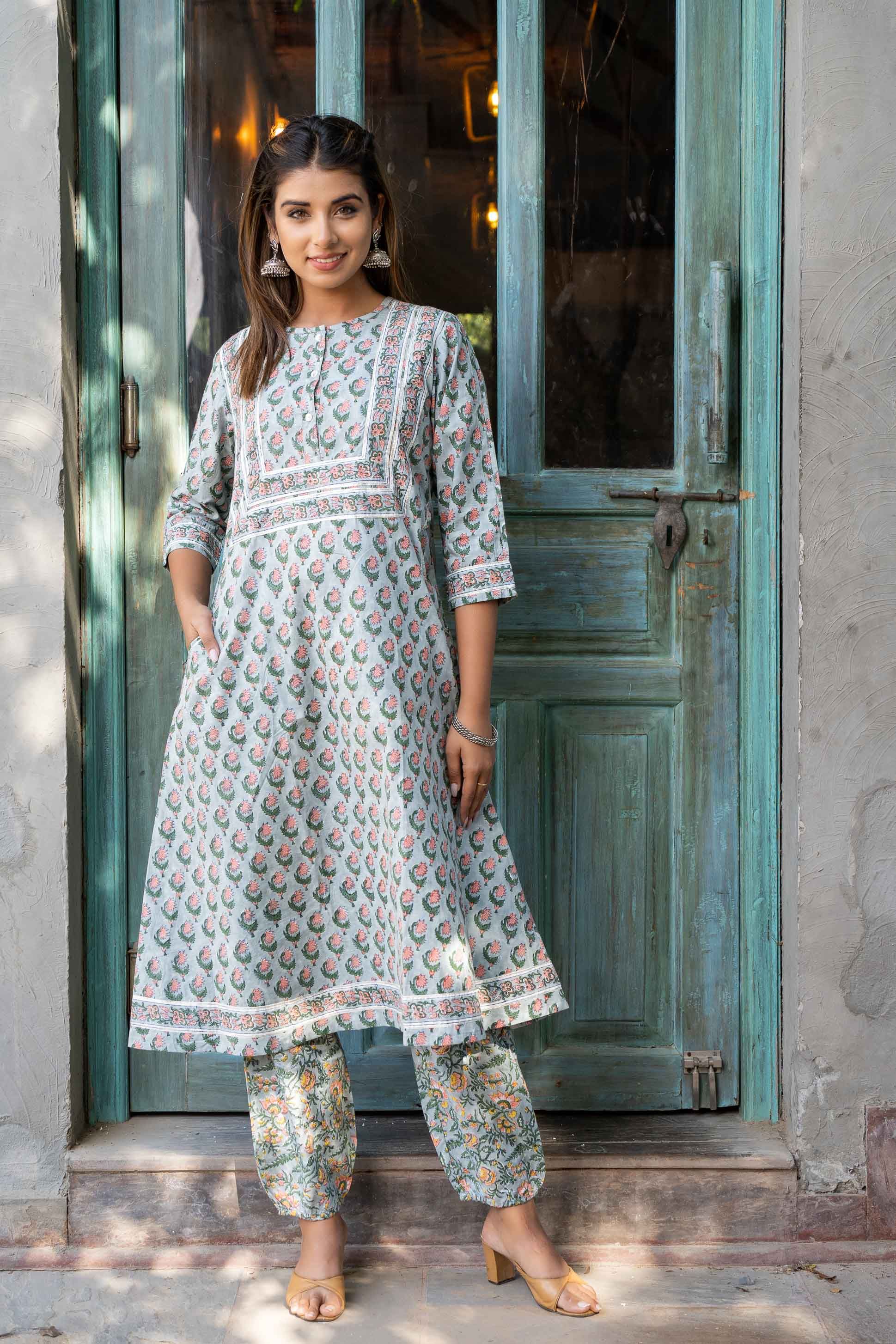 Soft Grey Block Printed Kurta