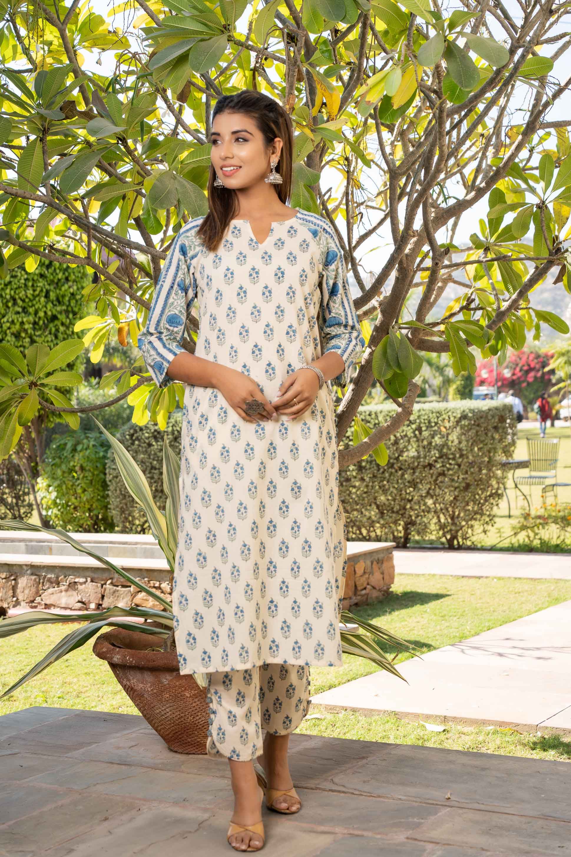 Cream Blue Printed Kurta