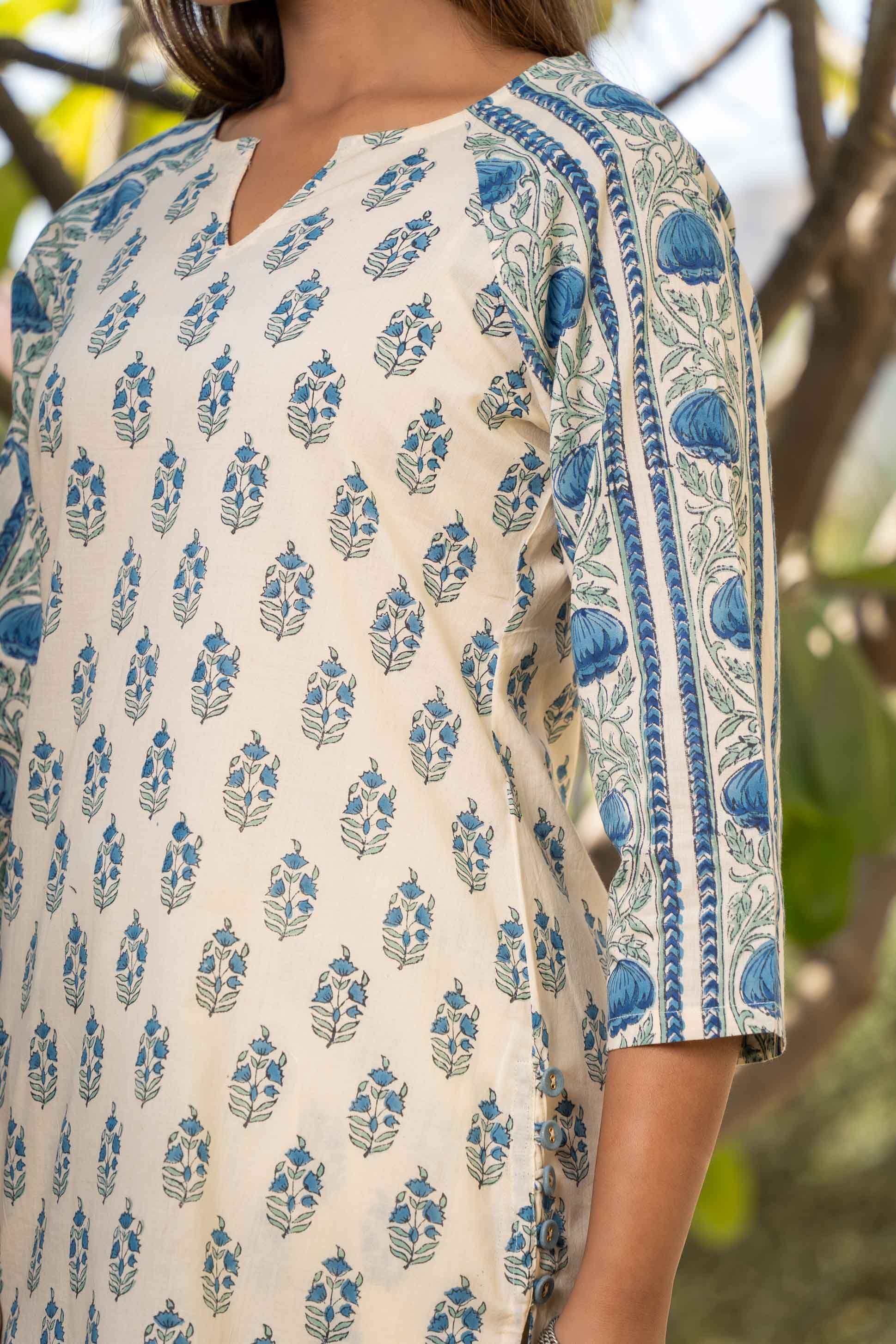 Cream Blue Printed Kurta