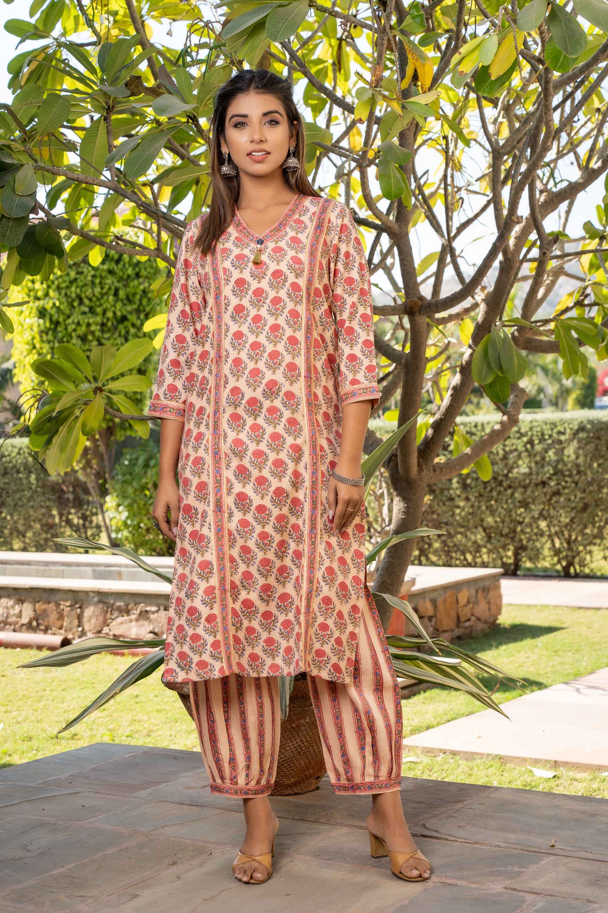 Peach Floral Block Printed Kurta