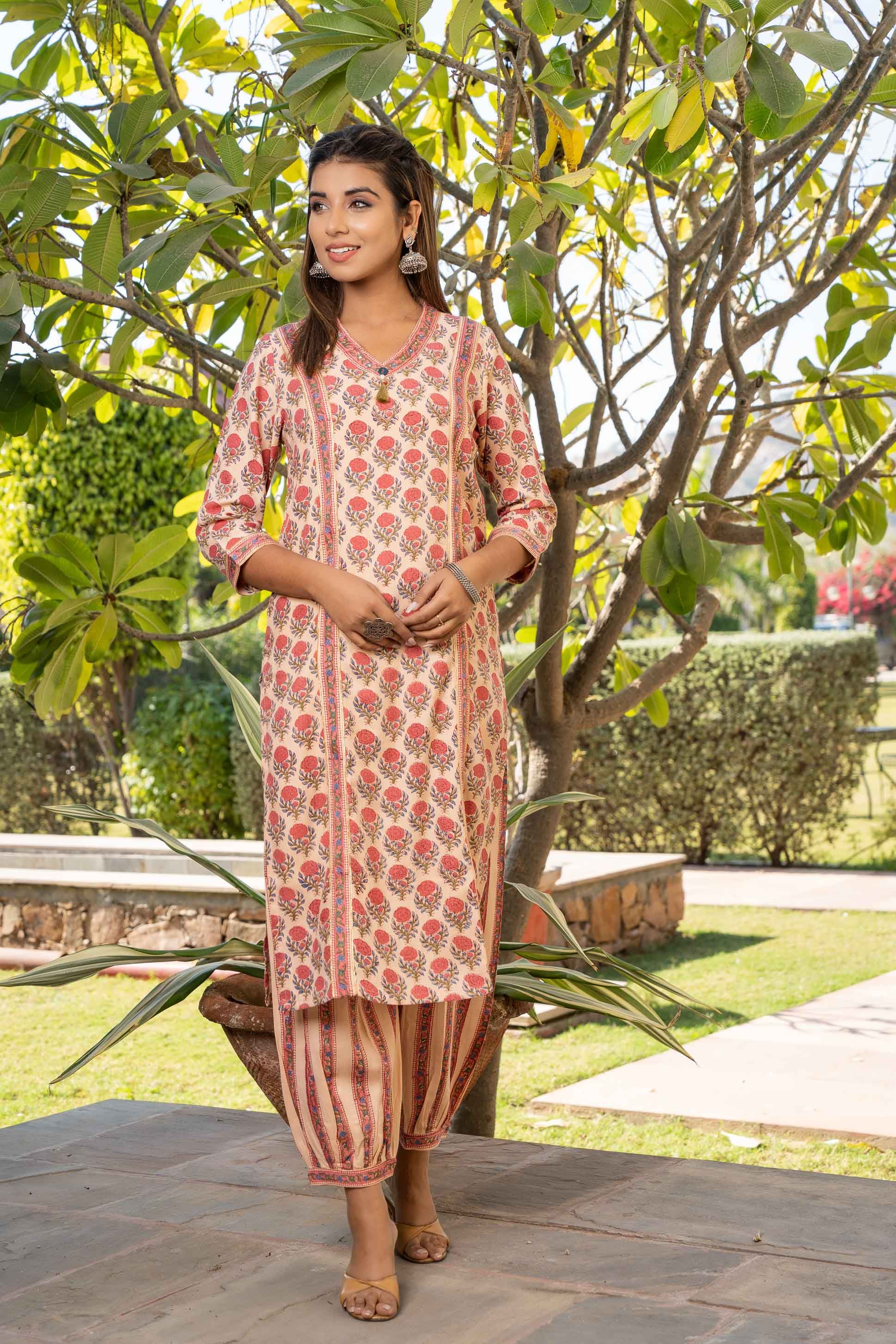 Peach Floral Block Printed Kurta