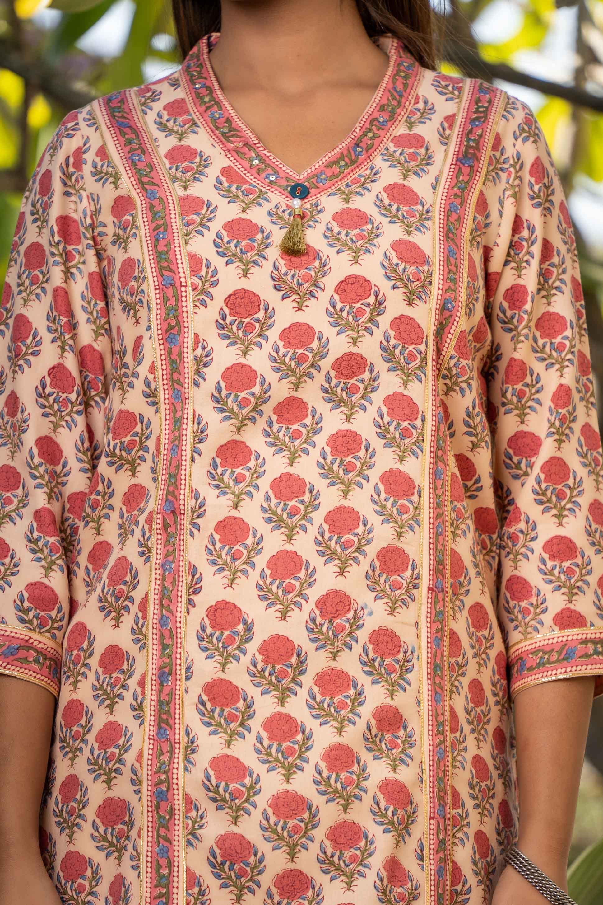 Peach Floral Block Printed Kurta