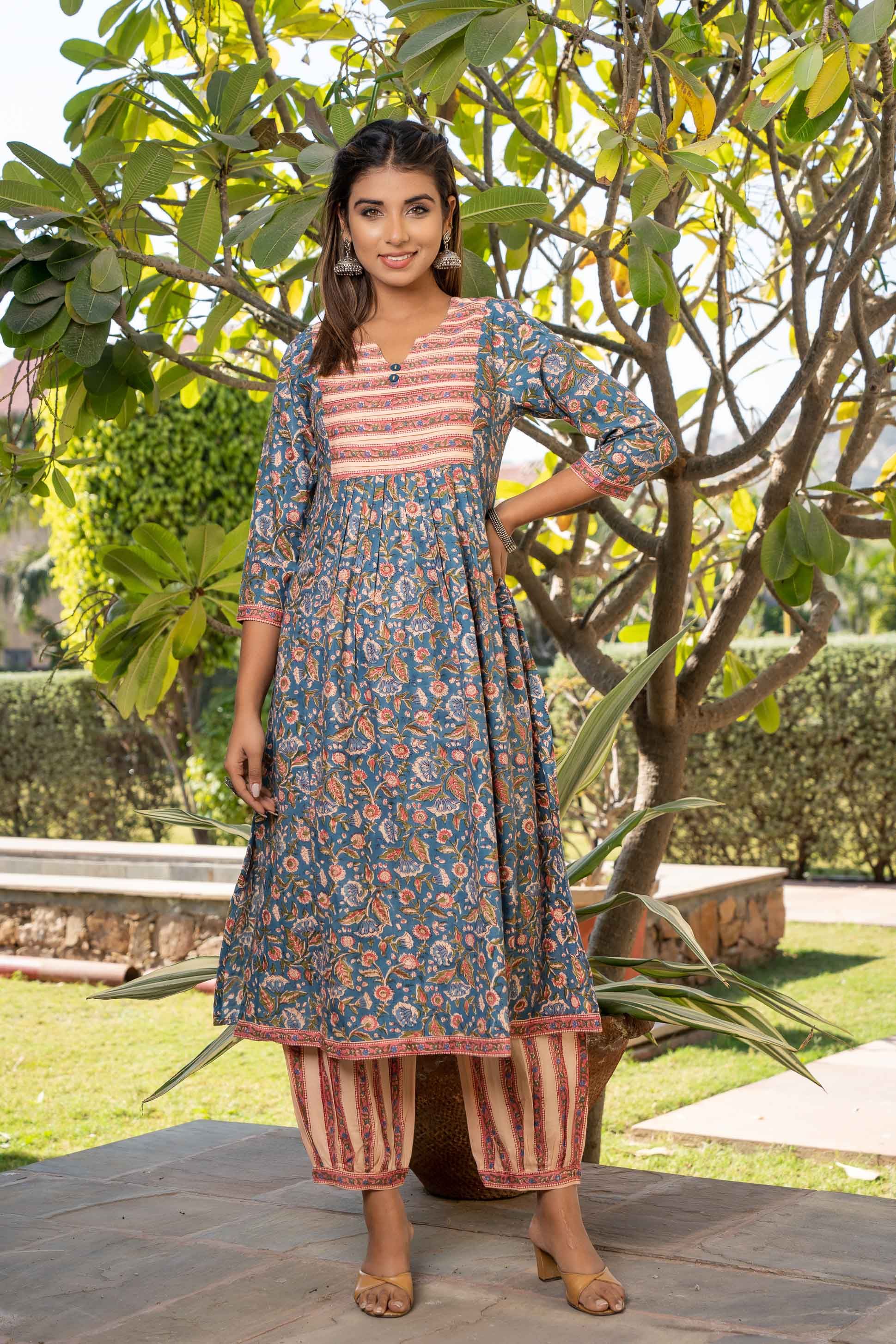 Blue Floral Block Printed Kurta 