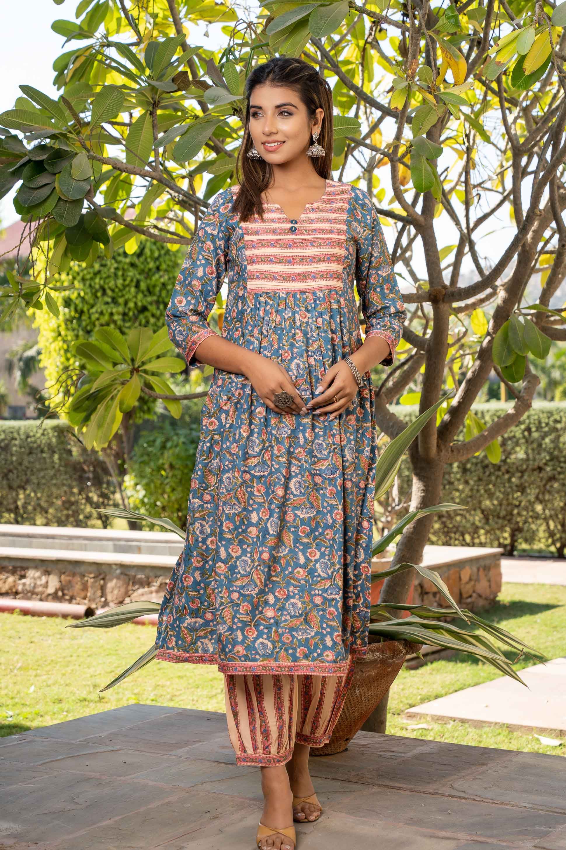 Blue Floral Block Printed Kurta 