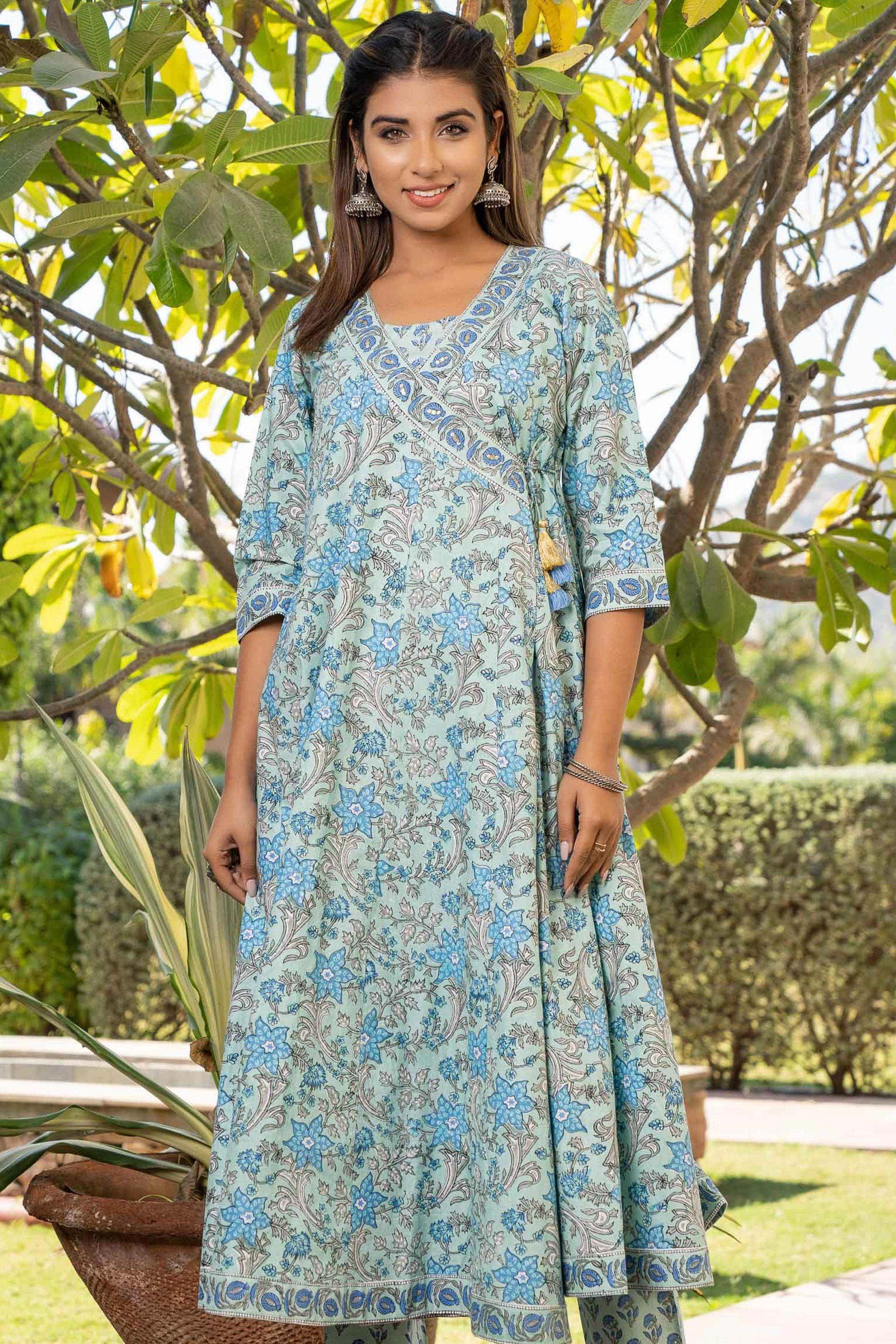 Blue Green Angrakha Kurta